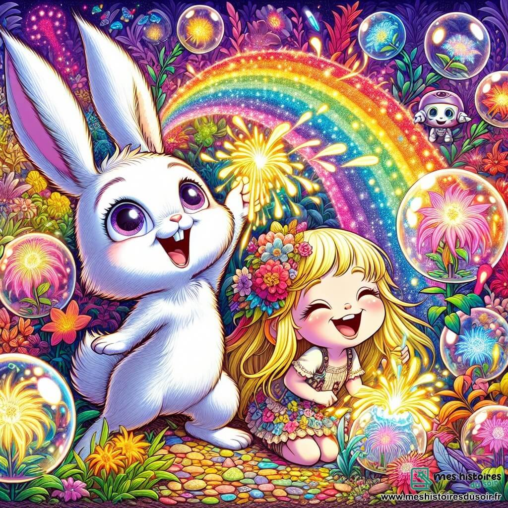 Dans un jardin magique de Glimopolis, un petit lapin nommé Lumo chante joyeusement, faisant danser des plantes colorées. À ses côtés, une petite fille nommée Luna, avec des cheveux dorés et une robe à motifs floraux, plante des graines brillantes. Le jardin est rempli de bulles de verre contenant des plantes lumineuses, et des petits robots arrosent les fleurs avec de la pluie colorée. Lumo et Luna partagent un moment de bonheur en cultivant ensemble des graines magiques qui illumineront leur ville.