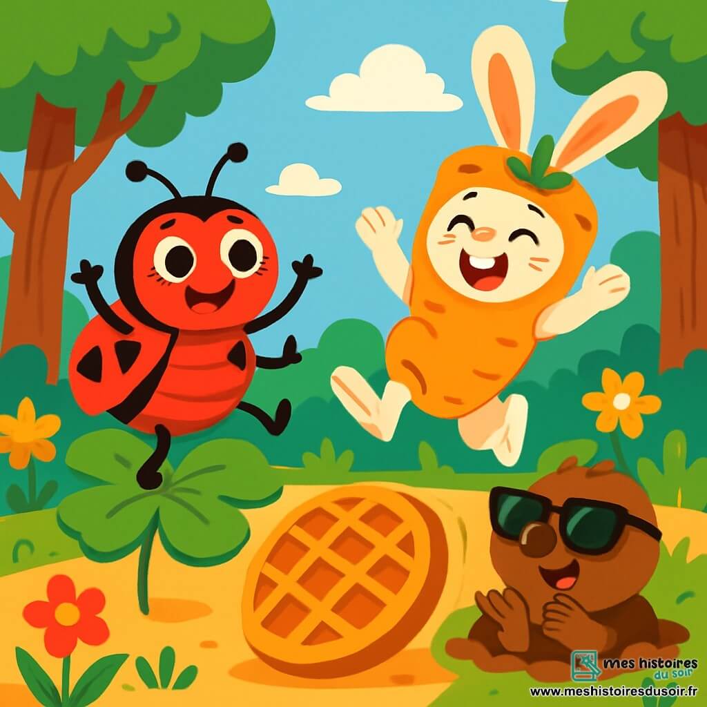 Bibi, la coccinelle aux taches triangulaires, est perchée sur une feuille de trèfle, avec des yeux pétillants et un grand sourire. Elle danse en battant des pattes au rythme d'une musique imaginaire. À côté, Rémi le lapin, déguisé en carotte géante, saute en riant, tandis que Mireille la taupe, avec ses grandes lunettes de soleil, applaudit en se dandinant. La scène se déroule dans la forêt enchantée du Bois de Sucrerie, avec des arbres hauts et des fleurs colorées. Bibi et ses amis participent à la Course à la Gaufre, où une gaufre géante provoque rires et situations cocasses.