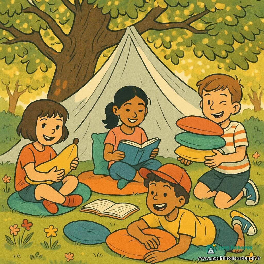 Quatre enfants dans un coin lecture sous un vieux tilleul : Léa (fille, ~9 ans, cheveux bruns courts) est assise à gauche avec un coussin jaune en forme de banane, Tom (garçon, ~10 ans, t-shirt rayé) est à droite en train d’empiler des coussins en faisant un clin d’œil, Yasmina (fille, ~9 ans, peau olive, queue de cheval) est au centre, confortablement assise avec un coussin de soutien pour le dos en train de lire et sourire, et Hugo (garçon, ~9 ans, peau mate, casquette rouge) est allongé à l’avant racontant une blague et touchant un coussin moelleux; le jardin est lumineux, herbe douce et fleurs, un drap tendu forme une tente, ambiance chaleureuse et intime.