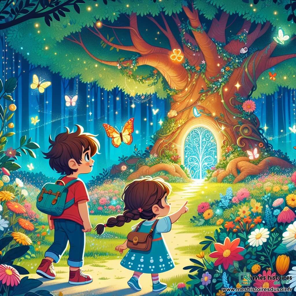 Dans un jardin enchanté, Léo, un garçon de 7 ans aux cheveux bruns en bataille et t-shirt rouge, admire un grand arbre géant. À ses côtés, Mia, une fille de 6 ans avec des cheveux blonds tressés et une robe bleue à pois blancs, sourit en désignant un papillon coloré. Le jardin est rempli de fleurs éclatantes et de papillons. Au loin, une porte magique scintillante se distingue, entourée de lianes et de fleurs lumineuses. Les deux amis sont prêts à grimper dans l'arbre pour découvrir la beauté du jardin d'en haut.