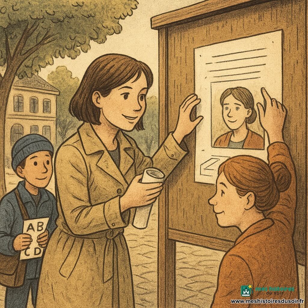 Femme détective ~30–35 ans, regard attentif et sourire doux, cheveux châtain au carré, trench beige, tenant une affiche roulée et du ruban adhésif, penchée devant un grand panneau d’affichage en bois; Nora, bénévole ~40 ans, visage chaleureux, chignon, collant une bande blanche à droite de la détective; Karim, homme timide ~30 ans, bonnet bleu et sacoche, tenant des lettres autocollantes à gauche, légèrement en retrait; place de village pavée avec tilleuls, bancs, une bibliothèque et un kiosque, lumière douce de fin d’après-midi; scène principale: ils réparent ensemble une affiche officielle, gestes précis et atmosphère collaborative et légère, couleurs chaudes et textures papier marquées.