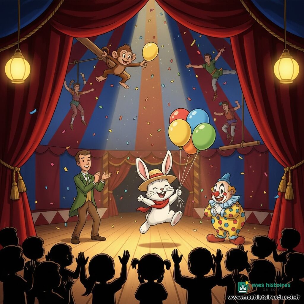 Un petit lapin blanc joyeux et fier, grandes oreilles, chapeau de paille beige de travers et écharpe rouge, tenant des ballons colorés et sautillant au centre; derrière lui à gauche Max, adulte à peau claire en veste verte et pantalon marron, souriant et applaudissant; au-dessus Coco, petit singe brun joueur, balançant un dernier ballon; à droite, un clown rond au grand nez rouge en costume à pois, faisant une révérence; en arrière-plan, acrobates sur trapèzes et jongleurs floutés, le tout dans un chapiteau rayé rouge et bleu avec lampions, rideaux de velours rouges, plancher en bois et rangées d'enfants applaudissant; atmosphère festive et lumineuse, confettis et lumière chaude centrée sur le lapin qui a sauvé le spectacle.