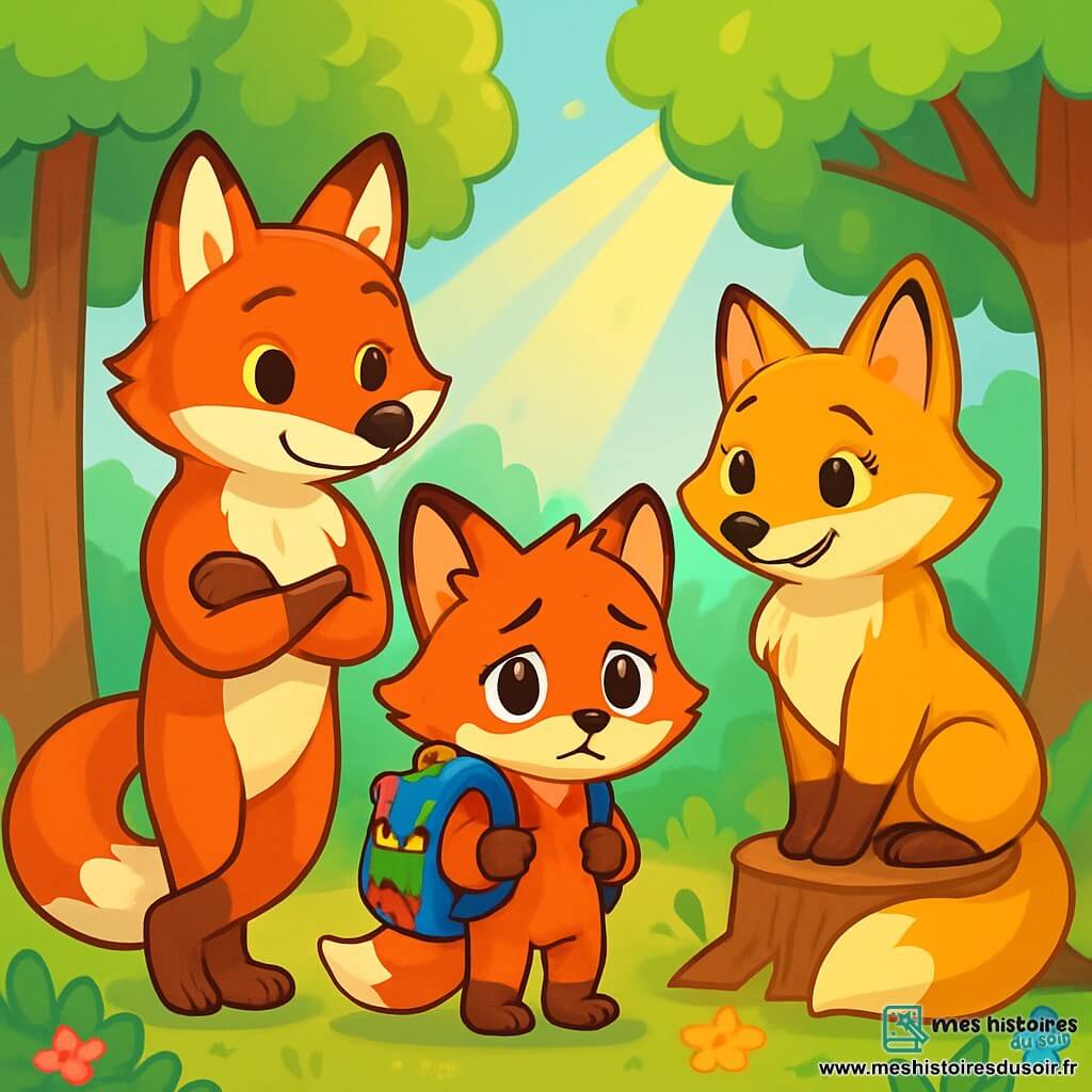Petit Renard, un jeune renard à la fourrure rousse, se tient au centre de l'image, le regard pensif et triste, avec de grands yeux brillants. Il porte un petit sac à dos coloré rempli de trésors, et ses oreilles sont légèrement baissées, montrant son inquiétude. À sa droite, Maman Renarde, au pelage doux et doré, le regarde avec un sourire réconfortant, prête à l'écouter. À sa gauche, Papa Renard, au pelage rouge vif, se tient debout, les pattes croisées, affichant une expression douce et encourageante. La scène se déroule dans une forêt enchantée, avec des arbres aux feuilles vertes et des fleurs colorées, créant une atmosphère chaleureuse. Petit Renard est entouré de ses parents, partageant un moment d'écoute et de réconfort, illustrant l'amour familial.