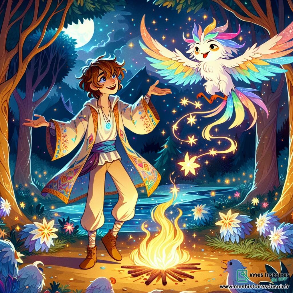 Zénith est un jeune homme d'environ 15 ans, avec des cheveux châtains ondulés et des yeux curieux. Il porte une tunique légère aux couleurs vives, ornée de motifs étoilés, et un pendentif en forme d'étoile dans sa main. Son visage exprime joie et détermination alors qu'il danse dans une clairière enchantée. Astra, l'esprit des étoiles, est une créature ailée aux plumes multicolores, flottant à côté de lui avec un regard bienveillant. La scène se déroule dans une clairière magique, entourée d'arbres dorés et de fleurs lumineuses scintillant sous la lune. Un feu magique crépite au centre, projetant des ombres dansantes. Zénith, entouré d'esprits dansants, célèbre sa victoire, créant une atmosphère de joie et de magie. Les couleurs vibrantes et les éclats de lumière ajoutent une touche féerique à cette scène.