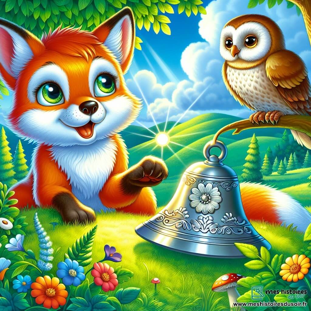 Illustration d'un petit renard aux yeux brillants et à la fourrure orange, assis sur une colline verdoyante, affichant une expression de curiosité en regardant une cloche en argent ornée de motifs floraux, qui brille au soleil. Non loin, une chouette aux plumes brunes et blanches, perchée sur une branche, observe avec bienveillance. La scène se déroule dans une clairière ensoleillée, entourée d'arbres majestueux et de fleurs colorées, sous un ciel bleu parsemé de nuages. Le renard touche la cloche, qui émet une douce mélodie, tandis qu'il écoute la voix magique qui en émane. Des rayons de lumière filtrent à travers les branches, créant une atmosphère enchantée, avec des animaux curieux comme des écureuils et des oiseaux s'approchant pour écouter.