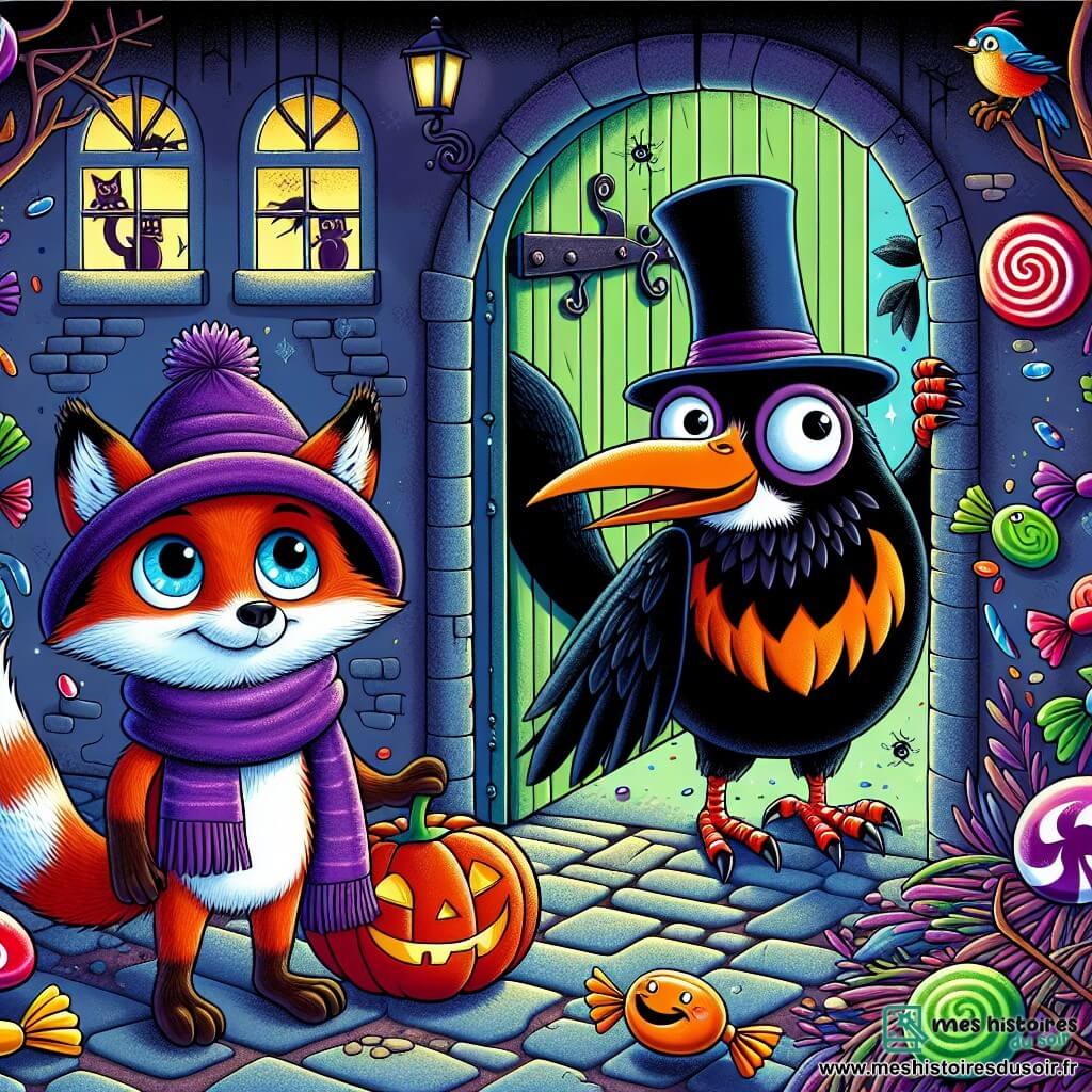 Un petit renard roux nommé Plume, avec une écharpe violette, observe avec curiosité et excitation une porte grinçante du Manoir Grincheux. À ses côtés, Crapule, une pie aux plumes scintillantes, virevolte joyeusement, tandis que Moustache, un hérisson déguisé en citrouille géante, regarde avec surprise. Le manoir, sombre et mystérieux, présente des fenêtres en forme d'yeux de chat et des toiles d'araignées. L'atmosphère est à la fois effrayante et amusante, avec des bonbons colorés flottant autour d'eux.