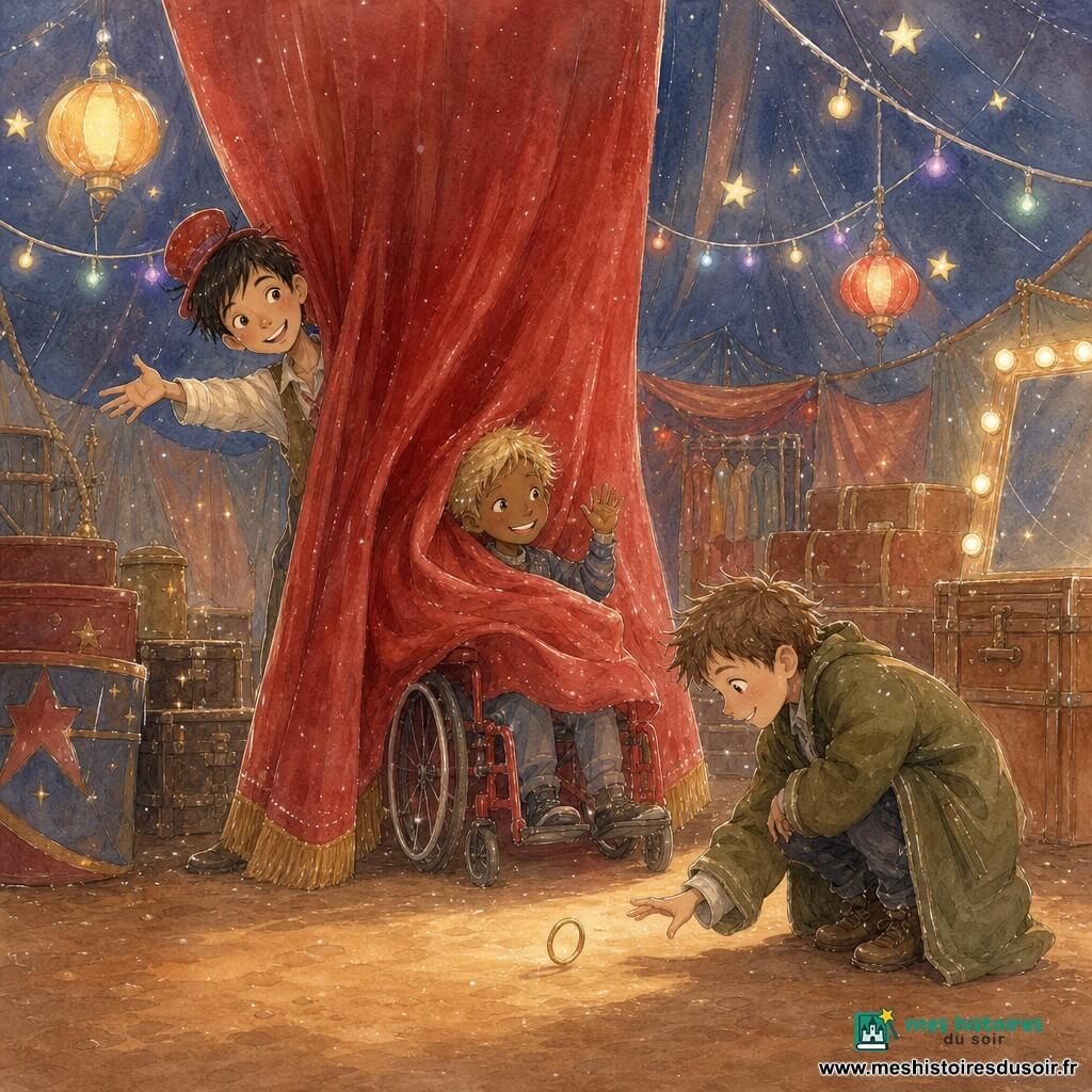Trois garçons d’environ 10–11 ans : Félix (≈10 ans, cheveux bruns en bataille, veste vert olive trop grande, accroupi à droite, fait rouler une petite bague dorée sur la piste), Mathieu (≈11 ans, cheveux blonds ébouriffés, fauteuil roulant rouge, presque entièrement sous un grand rideau de velours rouge au centre — seules sa tête et ses épaules dépassent — il sourit et lève la main) et Noé (≈10 ans, grand et mince, cheveux noirs courts, chapeau cerise de travers, à gauche du rideau coincé entre deux plis, un bras tendu vers le public, sourire complice). Intérieur d’un chapiteau de cirque : sol de terre battue, lumière chaude de lampions, loges et malles en arrière-plan, guirlandes et étoiles phosphorescentes au plafond, grand rideau rouge tombé au premier plan. Scène comique et chaleureuse où le rideau enveloppe les trois amis, le public des coulisses rit doucement, la bague roule vers Mathieu et règne une ambiance de désordre joyeux et d’entraide.
