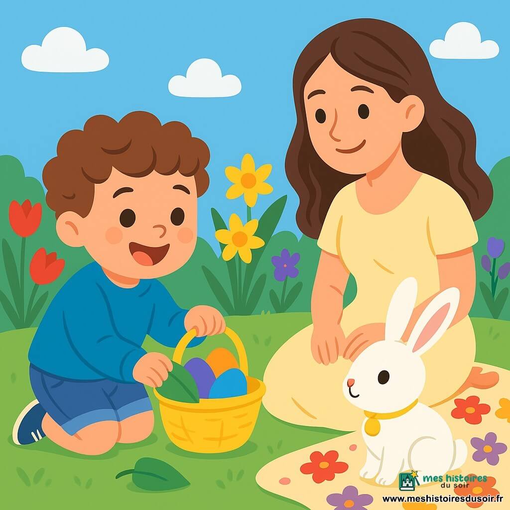 Un petit garçon de 2 ans, avec des cheveux bouclés et des yeux pétillants, porte un pull bleu et un short en jean. Accroupi dans le jardin, il sourit en tenant un panier jaune rempli d'œufs colorés. Sa maman, une femme d'environ 30 ans avec des cheveux longs et bruns, regarde son fils avec tendresse, assise sur une couverture à fleurs. Un lapin blanc avec une clochette observe le garçon avec curiosité. Le jardin est rempli de fleurs éclatantes : tulipes rouges, jonquilles jaunes et violettes. Le ciel est bleu avec quelques nuages. Dans cette scène joyeuse, le garçon découvre un œuf vert sous une feuille, tandis que le lapin semble prêt à bondir, ajoutant de la magie à ce moment de chasse aux œufs de Pâques.