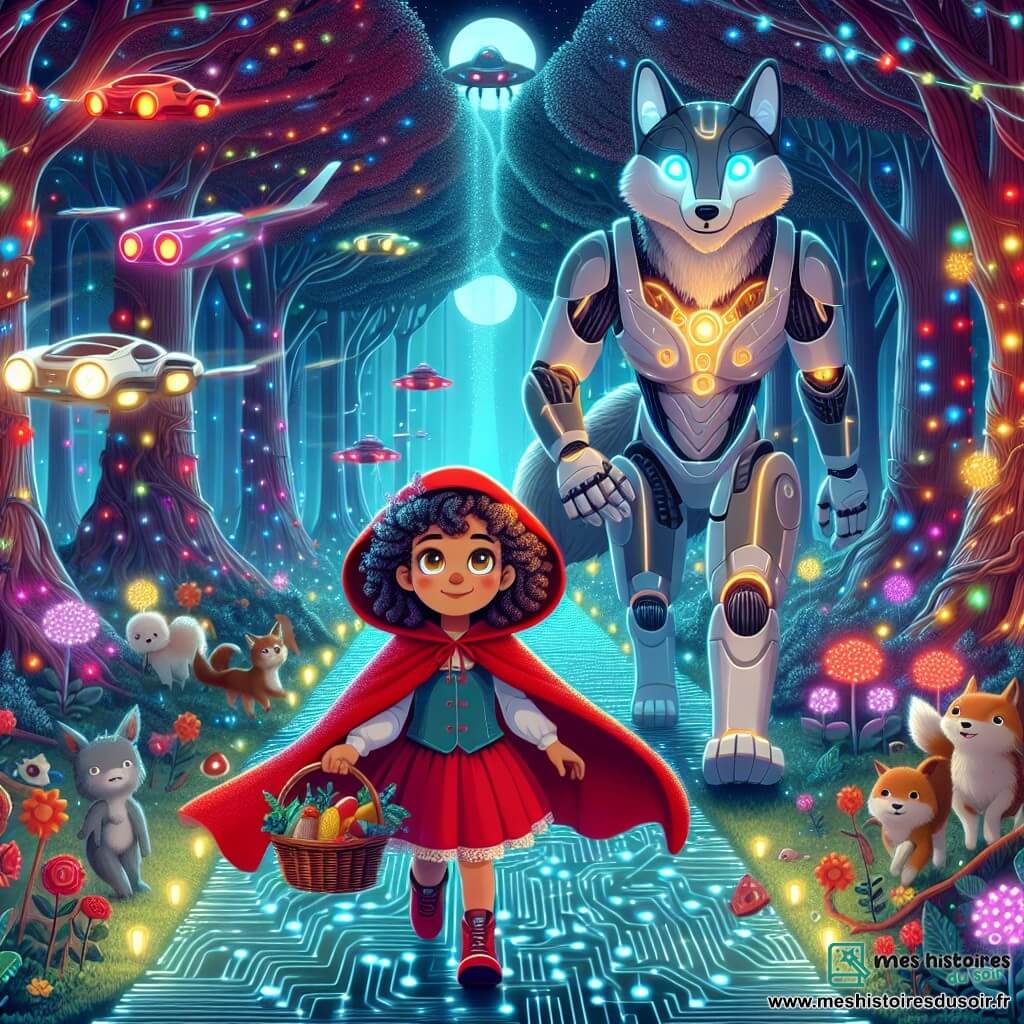 Le Petit Chaperon Rouge, une fillette de 8 ans aux cheveux bouclés et aux yeux pétillants, porte une cape rouge et un panier de nourriture. Elle sourit curieusement en marchant dans une forêt futuriste illuminée par des LED colorées. À ses côtés, un loup robot amical, avec un pelage argenté et des yeux lumineux, la guide avec protection. En arrière-plan, des arbres étranges et des fleurs luminescentes entourent des voitures volantes, tandis que des hologrammes d'animaux dansent. La scène montre le Petit Chaperon Rouge discutant avec le loup robot, pointant un hologramme d'un livre sur l'égalité des genres, tandis que celui-ci écoute attentivement.