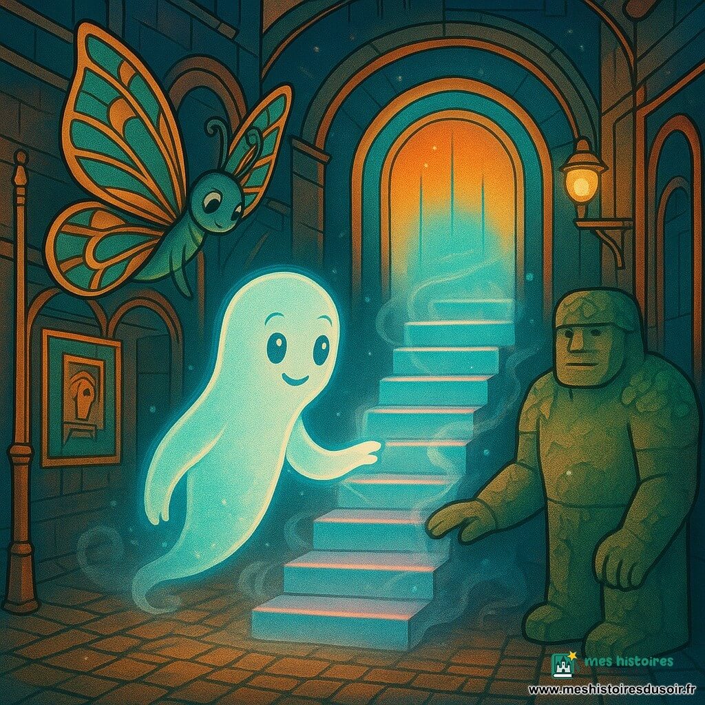 Gliss, être de lumière et de brume flottant au‑dessus des pavés, tend une main lumineuse vers un escalier secret qui apparaît et s'ouvre sur une porte de lumière multicolore ; l'escalier a des marches de verre luminescentes bordées d'un halo bleu‑rose et des volutes de brume scintillante autour des contremarches, Lumix, créature ailée type papillon géant aux ailes irisées et motifs géométriques dorés, est perché à gauche sur une arche lumineuse, Stal, gardien de pierre et mousse, large et tranquille, pose une main rassurante sur le bas de l'escalier à droite au bord de la rue pavée ; la scène se situe dans une ruelle urbaine fantastique aux pavés brillants, néons art déco ambre et turquoise, arches métalliques, affiches rétro et lampadaires en laiton d'où s'élèvent de fines volutes de brouillard luminescent, ambiance magique et rassurante, éclairage doux, composition centrale, couleurs chaudes et contrastes doux, style clair, sans texte, format paysage.
