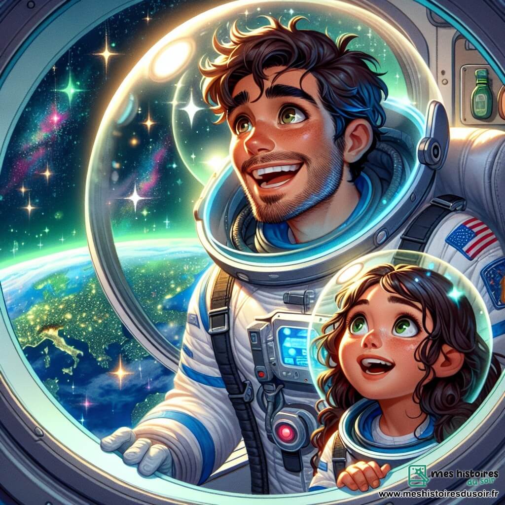 Hugo, un jeune homme de 25 ans, se tient dans un vaisseau spatial, vêtu d'une combinaison d'astronaute blanche et bleue, avec un casque transparent. Son visage exprime une immense joie en regardant à travers un hublot, découvrant les étoiles scintillantes et la Terre en dessous. À ses côtés, Clara, une fille de 10 ans aux cheveux bouclés, partage également cette émerveillement. Le vaisseau flotte dans l'espace, entouré d'un fond noir parsemé d'étoiles et de nébuleuses colorées, tandis que la Terre, avec ses continents verts et océans bleus, ajoute une magie à la scène. Hugo et Clara, émerveillés, vivent un moment de découverte et de rêve, prêts à explorer l'univers.