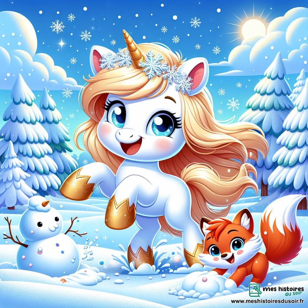 Flocon, une licorne aux crins dorés et aux yeux joyeux, saute dans la neige fraîche, laissant des empreintes délicates. Elle sourit, ses sabots scintillant au soleil d'hiver. À ses côtés, Feuille, un petit renard roux aux yeux malicieux, se roule dans la neige, riant avec enthousiasme. Le décor est une forêt enchantée, avec des arbres couverts de neige et un ciel bleu parsemé de nuages. La scène montre Flocon et Feuille jouant dans la neige, créant des bonhommes de neige et capturant l'esprit joyeux de l'hiver.