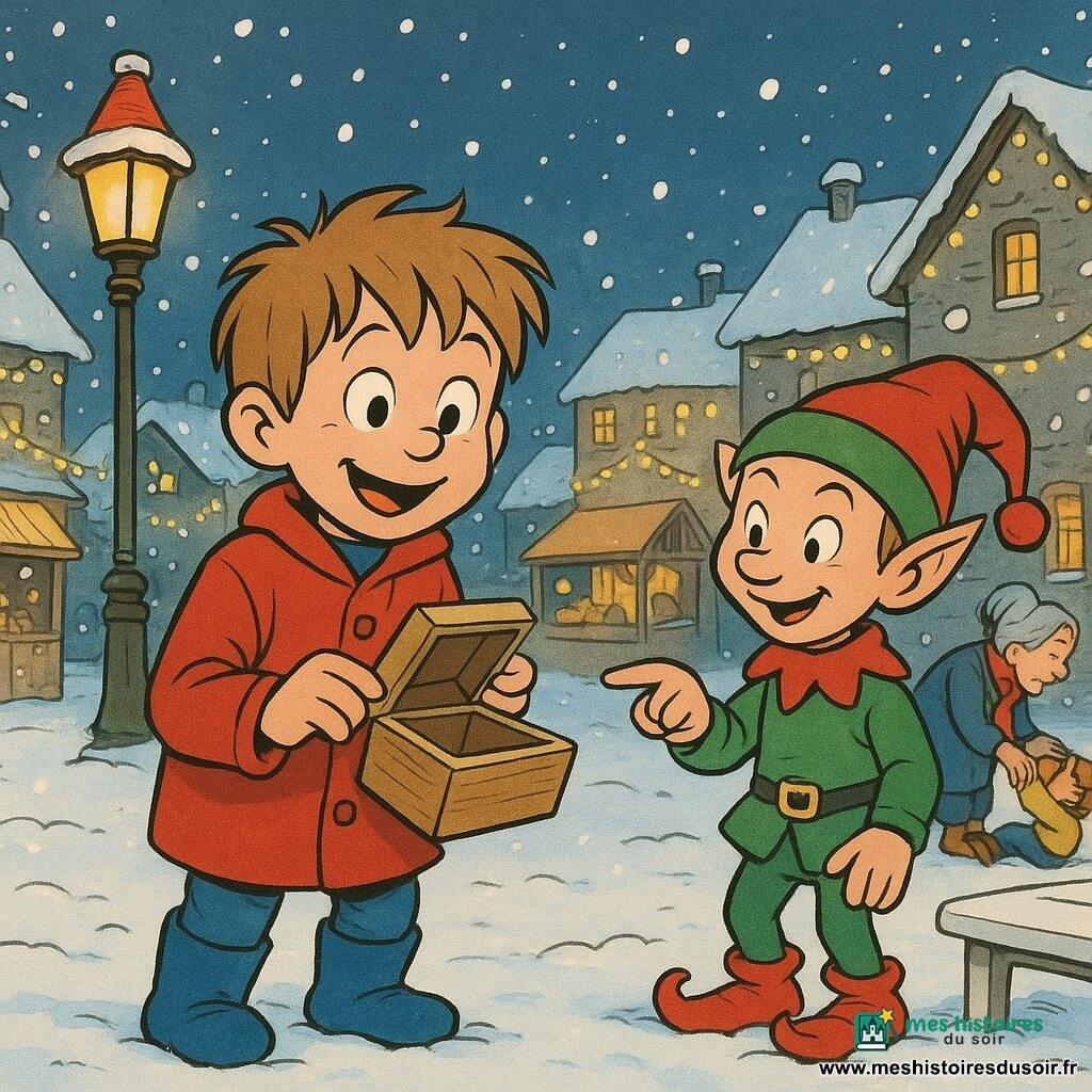 Un garçon de 6 ans aux cheveux châtain clair en bataille, visage souriant et émerveillé, portant un manteau rouge et des bottes bleues, tient une petite boîte en bois tiède et tire un papier au centre d'une place de village enneigée la nuit ; à côté de lui, un lutin farceur en vert et rouge, bonnet pointu et yeux malicieux, pointe la boîte en riant, tandis qu'en arrière-plan Mme Colette, une femme d'environ 60 ans aux cheveux gris en chignon et écharpe rayée, aide un enfant près d'un banc ; lampadaires dorés coiffés de bonnets rouges, maisons en pierre aux toits enneigés, guirlandes et marchés de Noël en bois, flocons scintillants et ambiance chaleureuse déterminent le moment où ils décident d'une farce douce ou d'un acte d'entraide.