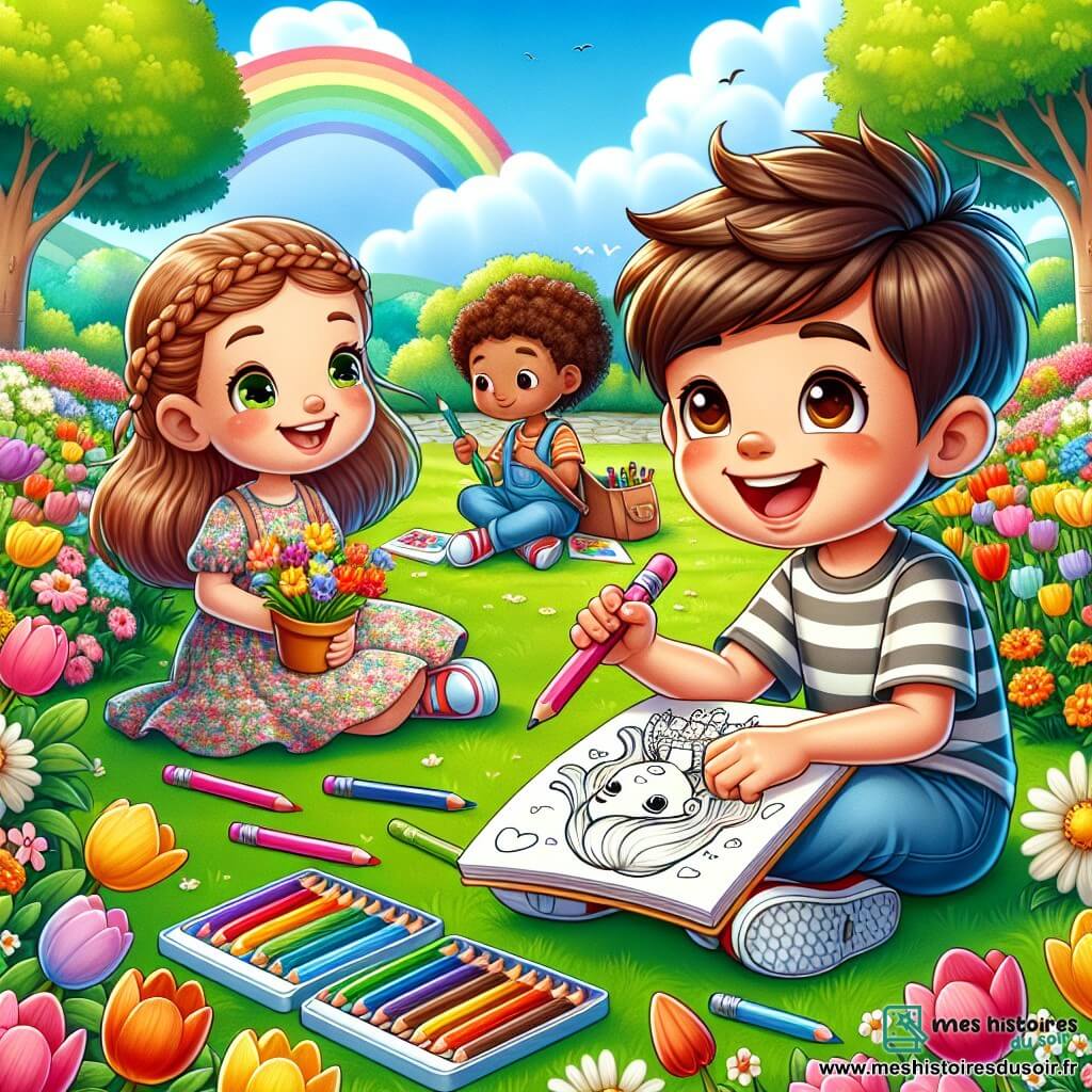 Lucas, un garçon de 8 ans aux cheveux bruns en bataille et aux yeux pétillants, est assis sur l'herbe du parc, entouré de fleurs colorées. Il sourit en tenant des crayons de couleur, prêt à dessiner un arbre en fleurs. À côté de lui, Sophie, 7 ans, avec des cheveux blonds tressés et une robe à fleurs, admire son dessin avec son carnet de croquis. Un peu plus loin, Timothée, 8 ans, aux cheveux châtains et en t-shirt rayé, dessine un arc-en-ciel, concentré et souriant. Le parc est lumineux, avec des tulipes éclatantes, des arbres en fleurs et un ciel bleu parsemé de nuages. Un ruisseau scintille au loin et des oiseaux chantent dans les branches. La scène illustre un concours de dessin sur le thème du printemps, où Lucas et ses amis partagent rires et amitié.