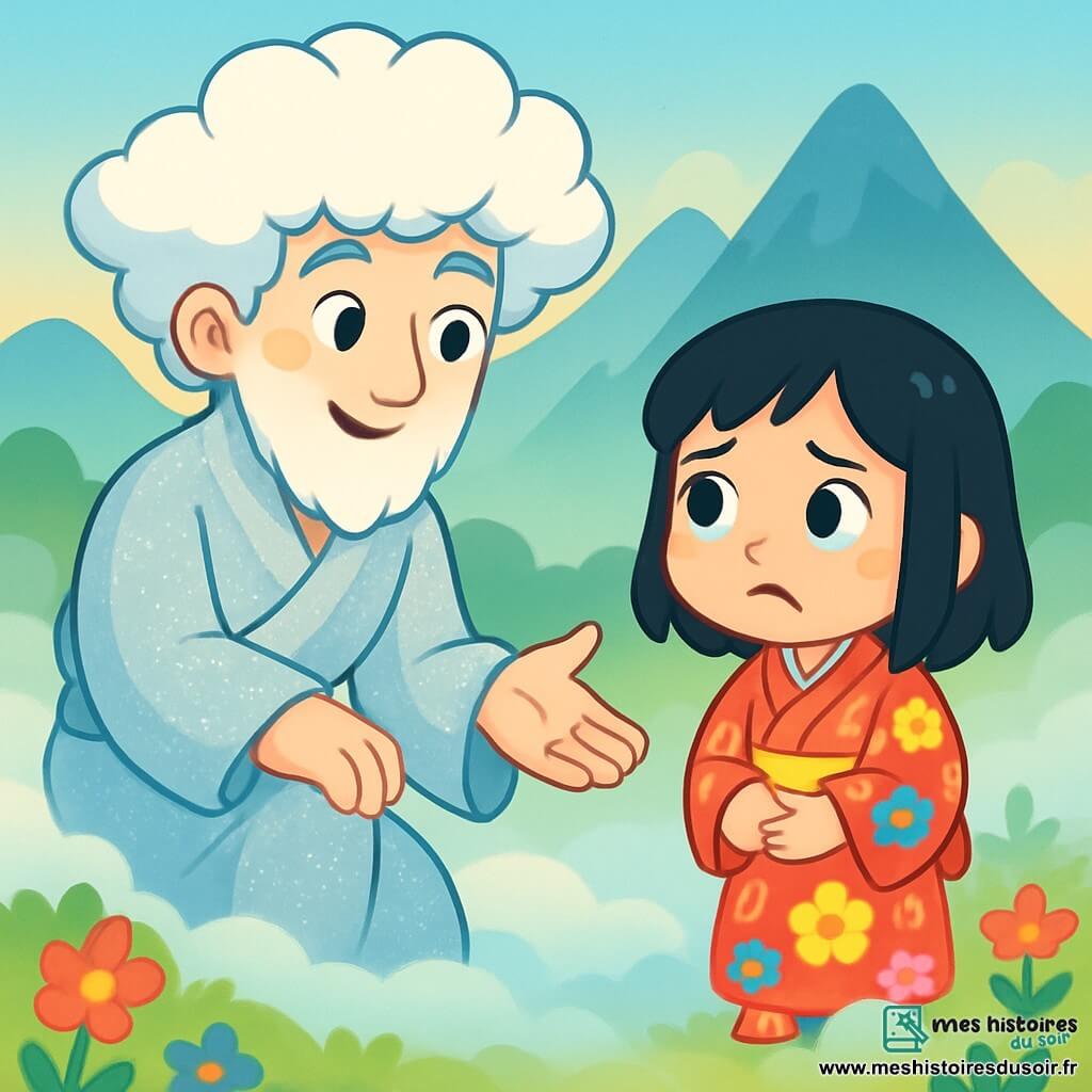 Kumo, l’Esprit du Brouillard, est un homme aux cheveux nuageux et au kimono argenté scintillant. Il a un visage doux et bienveillant, avec des yeux pétillants de curiosité. Il s'agenouille dans une brume légère, tendant la main pour rassurer Hana, une petite fille de six ans, portant un kimono fleuri aux couleurs vives. Elle a des cheveux noirs brillants et des yeux remplis de larmes et d'espoir, cherchant son chaton perdu. La scène se déroule dans un champ verdoyant, enveloppé d'une brume douce, avec des montagnes à l'horizon et des fleurs colorées. Kumo et Hana cherchent ensemble le chaton Tora, perdue dans la brume, avec de l'espoir dans leurs yeux.