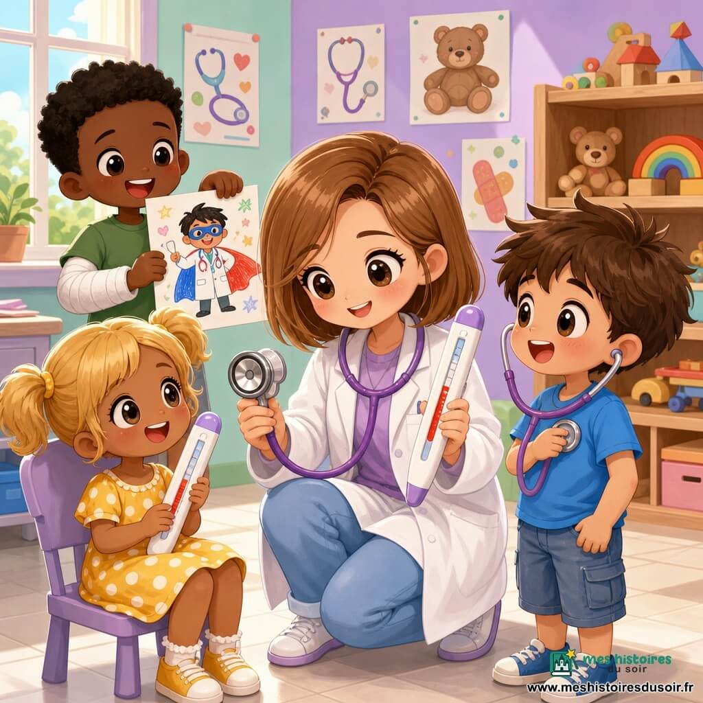 Médecin femme souriante et rassurante, cheveux châtain clair coupés au carré, blouse blanche légèrement oversize et stéthoscope violet, accroupie devant trois enfants dans une petite clinique colorée aux murs mint et lavande; un garçon d'environ 9 ans aux cheveux bruns tient le stéthoscope sur sa poitrine, une fille d'environ 6 ans aux couettes blondes en robe jaune tient un grand thermomètre en plastique et regarde la médecin, et un garçon d'environ 8 ans avec un plâtre blanc montre un dessin; ils collent ensemble sur une grande affiche des dessins de chaussures, fruits, brosse à dents et lit; ambiance chaleureuse, éducative et câline, couleurs vives, textures douces, composition centrée, style chibi kawaii aux traits ronds et proportions enfantines.