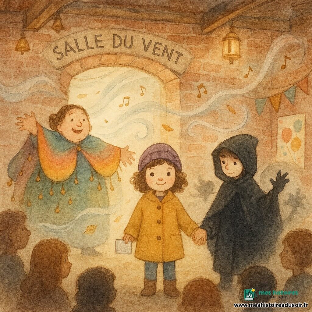 Lila, 6 ans, au bonnet violet et manteau moutarde, sourit calmement au centre en tenant une petite invitation argentée et la main d’un camarade; à sa droite, Artiste de l’Ombre, garçon d’environ 9 ans en large cape noire et capuche, esquisse des silhouettes d’ombre, tandis que Madame Clochette, femme ronde d’environ 50 ans en cape arc-en-ciel couverte de clochettes, accueille les enfants à l’entrée de la « Salle du Vent », une ancienne réserve en briques rouges aux lampes chaudes, poutres apparentes et clochettes suspendues; un courant d’air est figuré par un tourbillon de rubans, feuilles et notes dorées qui effleurent les rideaux sans déranger la fête, où les enfants forment un demi-cercle et les ombres dansent au rythme des tintements.