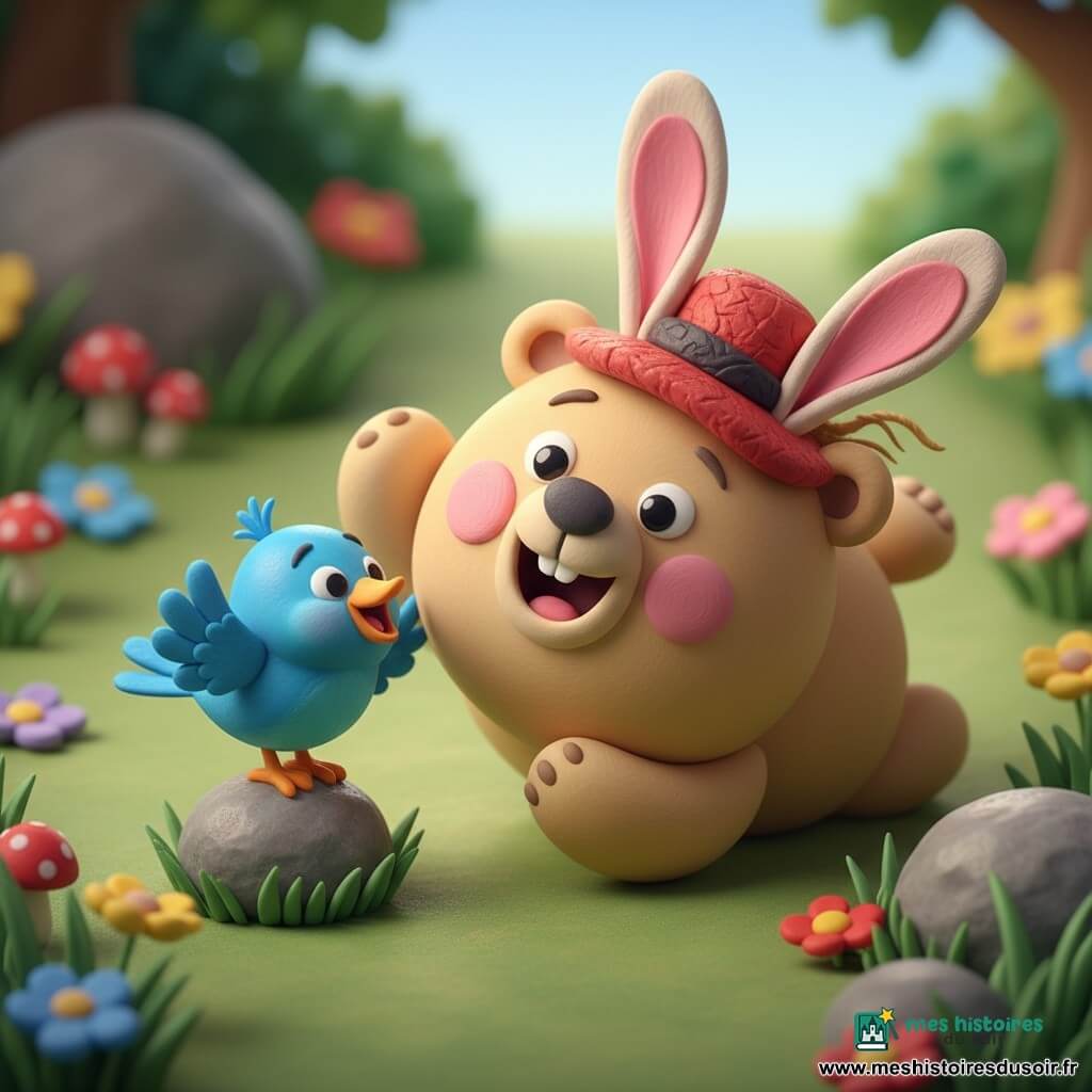 Une ourse ronde et douce en pâte à modeler beige clair aux joues roses et aux yeux ronds brillants, avec une expression joyeuse, porte un vieux chapeau rouge texturé et de grandes oreilles de lapin en carton peint en rose ; elle est allongée sur le dos, pattes en l'air et chapeau de travers, en train de se relever après être tombée. À côté, un petit oiseau bleu vif, lisse et brillant, perché sur une petite pierre, a l'air hilare et regarde l'ourse. Le décor est une clairière printanière d'herbe verte texturée, fleurs colorées en pâte polie, quelques champignons rouges et une grosse pierre grise sculptée ; l'ambiance est lumineuse et tendre, lumière douce du matin et ombres légères, composition centrée sur le moment comique et chaleureux.