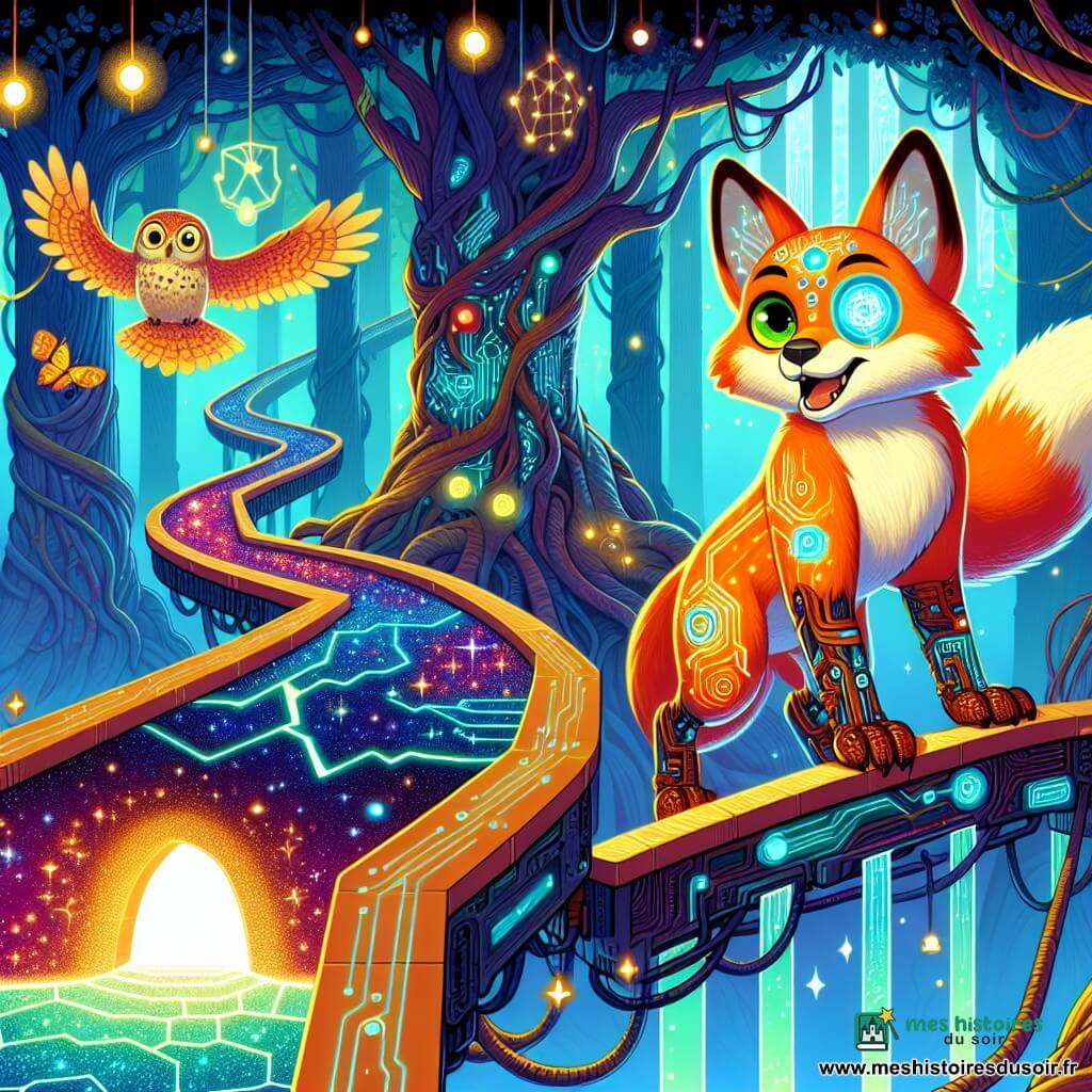Oren, un renard cybernétique aux poils orange éclatant et à la queue de cuivre scintillante, se tient au bord d’un pont lumineux, son œil gauche en quartz poli brillant d’excitation et de détermination. Il regarde intensément la faille d’où s’échappent des éclats de lumière et d’ombre, prêt à affronter l’inconnu. À ses côtés, Gilla, une chouette aux plumes tachetées de circuits argentés, déploie ses ailes avec émerveillement et inquiétude, flottant légèrement au-dessus du sol. Ils se trouvent dans une forêt magique, où des arbres géants aux troncs luminescents s’élèvent vers le ciel étoilé, et des lianes phosphorescentes serpentent autour des branches, créant une atmosphère de mystère et d’aventure. Oren et Gilla sont sur le Pont d’Équilibre, un chemin scintillant qui traverse une faille béante, entourés d’éclats de lumière et d’ombres, symbolisant le déséquilibre entre magie et science qu’ils doivent rétablir.