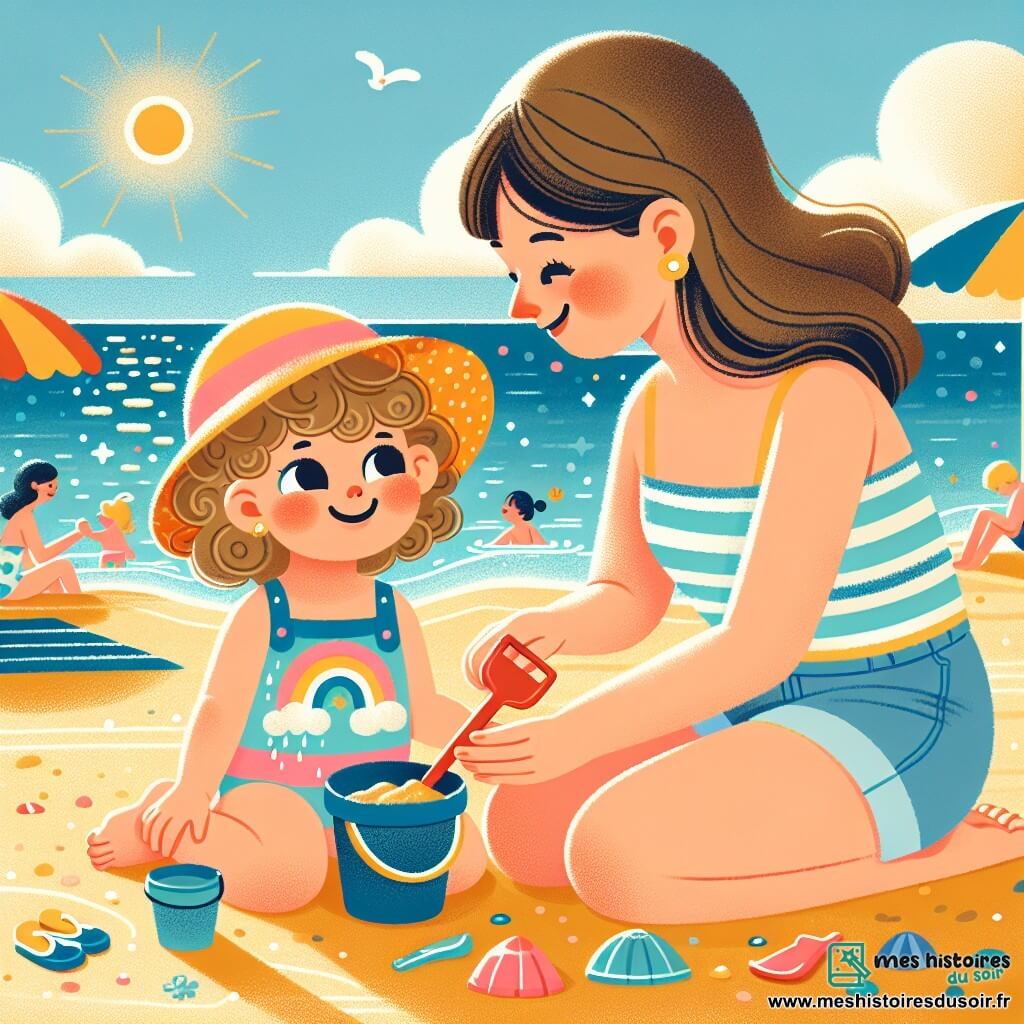 Lila, une petite fille de 2 ans aux grands yeux brillants et cheveux bouclés, est assise sur le sable doré de la plage, vêtue d'un maillot de bain coloré et d'un chapeau de soleil. Elle sourit joyeusement en éclaboussant l'eau avec une petite pelle rouge. À ses côtés, sa maman, une femme d'environ 30 ans aux cheveux longs et bruns, est agenouillée, riant et tenant un seau bleu, partageant ce moment de bonheur. En arrière-plan, la mer scintille sous le soleil avec des vagues douces, des parasols colorés et des familles profitent de la journée, tandis que le ciel est bleu avec quelques nuages. Lila construit un château de sable entourée de coquillages, sa maman l'encourageant, créant des souvenirs d'une belle journée d'été à la plage.