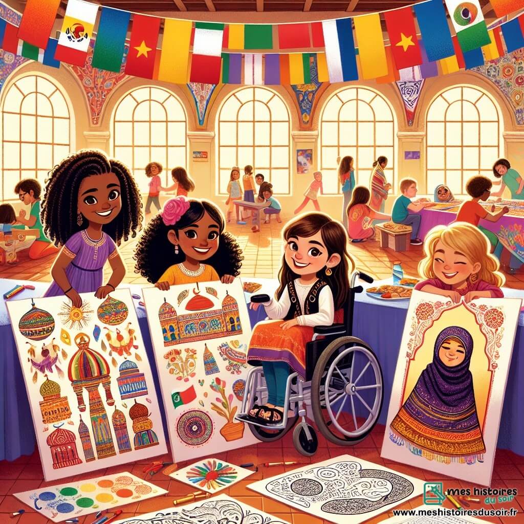 Au centre de l'image, Mia, une fille de douze ans aux cheveux bruns et bouclés, sourit en tenant une affiche colorée avec des motifs espagnols. À sa gauche, Lila, d'origine indienne, est en fauteuil roulant, vêtue d'une robe traditionnelle et montrant une affiche avec des motifs indiens. À droite, Amina, avec des cheveux frisés et une peau caramel, porte un foulard coloré et tient une affiche berbère. Enfin, Chloé, d'origine italienne, dessine des éléments de la culture italienne. La scène se déroule dans un grand hall coloré d'un centre culturel, orné de guirlandes et de tables avec des plats variés. La lumière du soleil illumine l'espace animé par des rires. Les filles collaborent avec enthousiasme sur leurs affiches, symbolisant l'unité dans la diversité, dans une ambiance joyeuse et festive.
