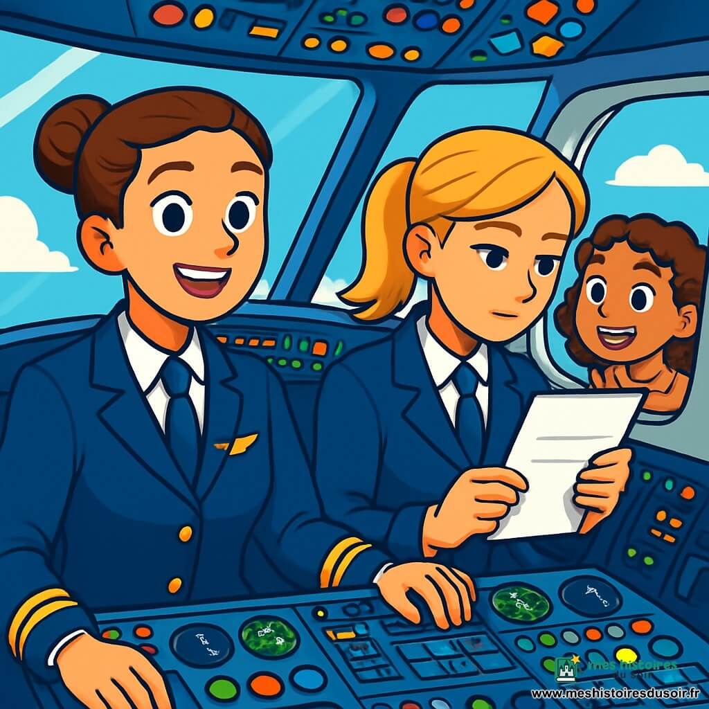 Une femme pilote, Capucine, 35 ans, avec des cheveux châtains en chignon, porte un uniforme bleu marine impeccable et affiche un sourire déterminé dans le cockpit d'un avion. À ses côtés, sa copilote Anaïs, 30 ans, avec des cheveux blonds en queue de cheval, consulte une check-list. En arrière-plan, Zoé, 11 ans, avec des cheveux bouclés, est fascinée par les instruments, le nez collé au hublot. Le cockpit est lumineux avec des panneaux de contrôle scintillants et une vue sur le ciel bleu et des nuages. Capucine et Anaïs préparent le décollage tandis que Zoé admire la vue, excitée par l'aventure du vol.
