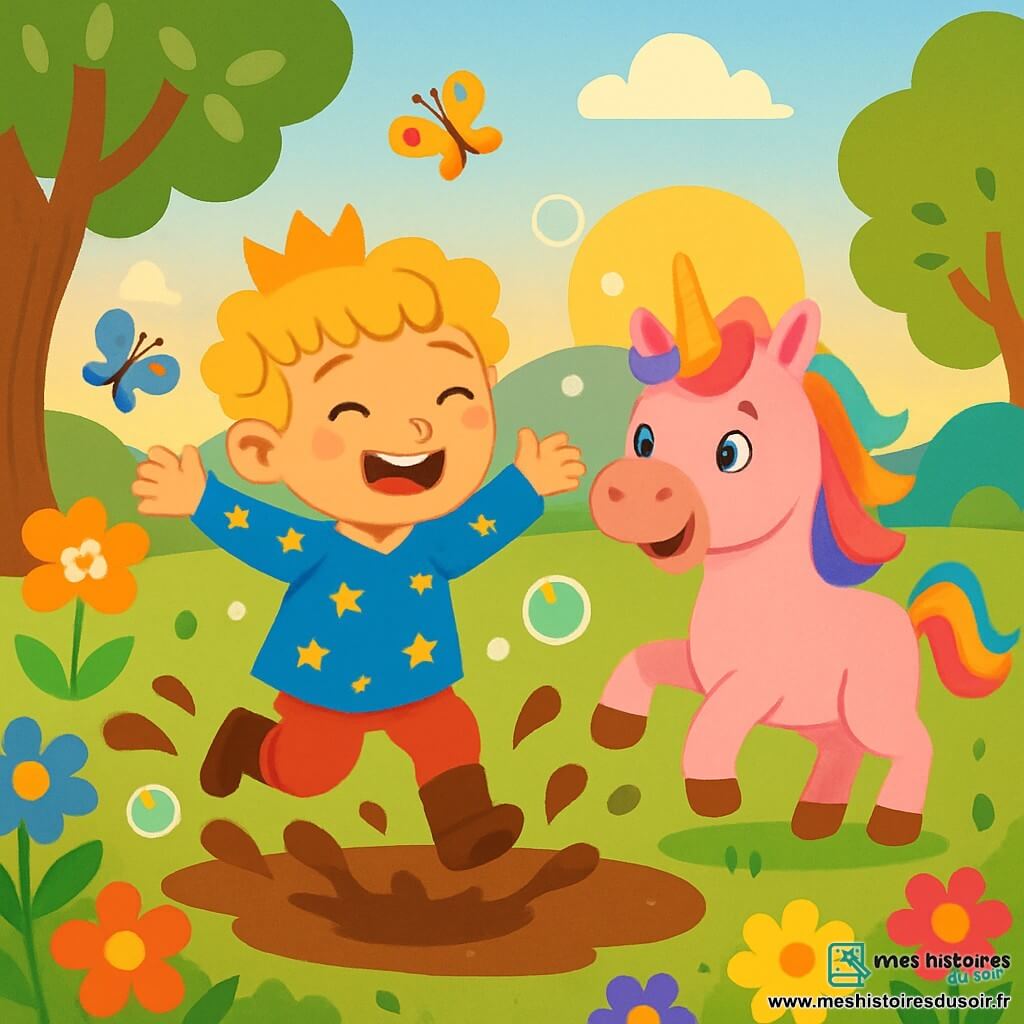 Un prince rêveur nommé Léo, âgé d'environ 7 ans, avec des cheveux blonds bouclés et un sourire éclatant, saute joyeusement dans une flaque de boue magique, vêtu d'une tunique bleue ornée d'étoiles dorées et d'un pantalon rouge vif. À ses côtés, une licorne rose étincelante, avec une crinière multicolore et des yeux pétillants de malice, s'apprête à sauter aussi. Le jardin magique est rempli de fleurs vives, de grands arbres et de papillons colorés. Au loin, un ciel bleu clair se teinte de nuances dorées au coucher du soleil. Léo et la licorne éclaboussent de la boue en riant, entourés de bulles chatoyantes.