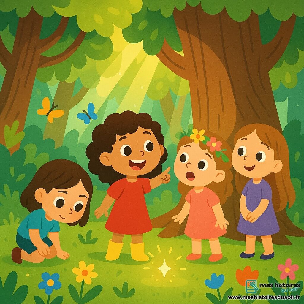 Quatre petites filles de 8 ans se tiennent dans une forêt enchantée. Lou, courageuse, au centre, porte une robe rouge et des bottes jaunes, souriante et pointant vers un grand chêne. Mia, à sa droite, avec une couronne de fleurs et une robe rose, est émerveillée par les arbres. Zoé, maline, à gauche en t-shirt bleu et short, scrute le sol. Emma, douce, en robe violette, est légèrement en arrière, timide mais souriante. La forêt est magique, avec de grands arbres, des feuilles brillantes et des rayons de soleil. Des fleurs et des papillons ajoutent à la magie. Les filles cherchent une noix magique perdue et viennent de découvrir une lumière scintillante au pied du chêne, les excitant.