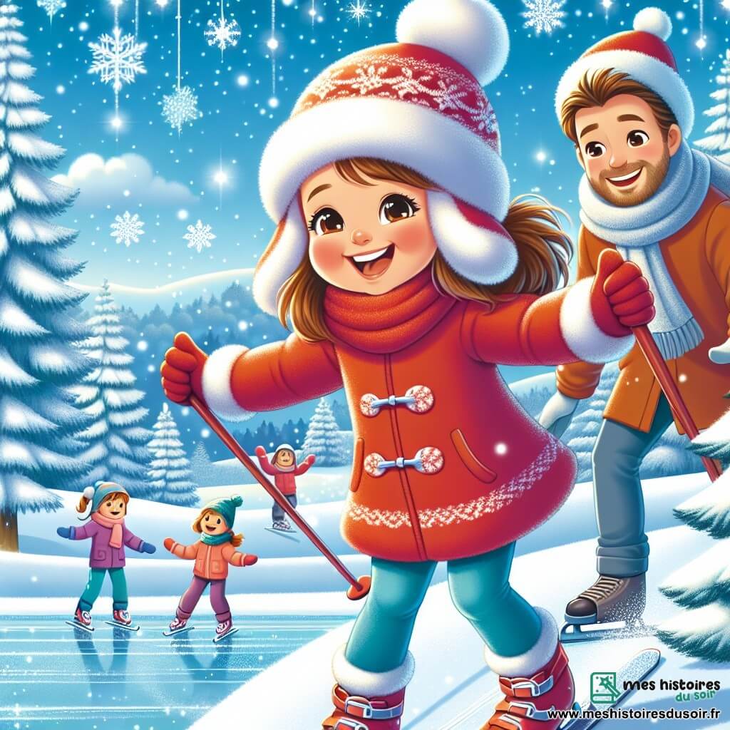 Célia, une petite fille de 7 ans aux longs cheveux bruns et joues roses, porte un manteau rouge, un bonnet assorti et des gants. Elle sourit avec des yeux pétillants d'excitation en glissant sur une colline enneigée avec ses skis. Son papa, un homme d'environ 35 ans avec une barbe légère et un bonnet bleu, l'encourage avec fierté, prêt à l'aider si nécessaire. Le décor est une belle journée d'hiver, avec des arbres enneigés, un ciel bleu clair et des flocons de neige. En arrière-plan, des enfants patinent sur un lac gelé. Célia dévale la colline, les bras ouverts, tandis que son papa l'observe, créant une atmosphère de bonheur familial.