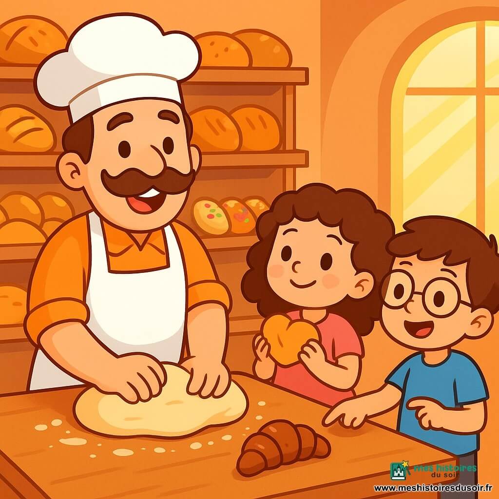 Un boulanger souriant avec une moustache brune pétrit de la pâte dans sa boulangerie, tandis qu'une petite fille de 7 ans, émerveillée, tient un petit pain en forme de cœur. Un garçon de 6 ans, portant des lunettes, désigne un éclair au chocolat sur la table. La boulangerie est accueillante, avec des étagères pleines de pains et de pâtisseries, baignée de lumière dorée. Le boulanger et les enfants partagent un moment de bonheur dans une ambiance délicieuse.