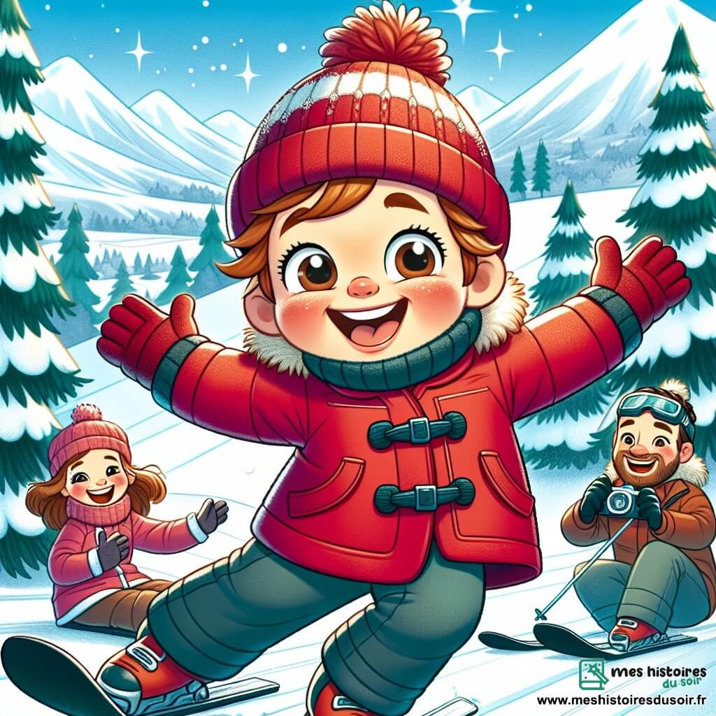 Un garçon de 7 ans, Paul, avec des cheveux châtains et des joues roses, porte un manteau rouge, un bonnet en laine et des gants. Il sourit avec excitation en glissant sur une pente de ski enneigée, les skis parallèles et les bras écartés pour garder l'équilibre. À ses côtés, son papa, un homme d'une trentaine d'années avec une barbe brune et des lunettes, l'encourage, vêtu d'une veste bleue et d'un bonnet noir. Sa maman, une femme aux cheveux bruns attachés en chignon, prend des photos avec un appareil photo, rayonnante dans son manteau rose. Le décor est une station de ski pittoresque, entourée de sapins recouverts de neige et de montagnes majestueuses sous un ciel bleu clair, avec des flocons de neige tombant doucement. Paul découvre la joie du ski pour la première fois, tandis que ses parents l'encouragent et célèbrent ses progrès.