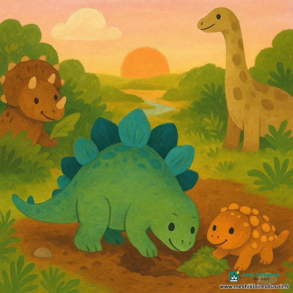Un stégosaure calme et attendri creuse un nid avec sa queue pendant qu'un petit ankylosaure joyeux y met de la mousse ; un triceratops souriant offre des feuilles depuis un buisson à gauche et un brachiosaure bienveillant se tient au loin à droite au‑dessus des arbres ; lieu : creux terreux entouré de fougères, mousse et petites pierres, rivière claire en arrière-plan, lumière dorée du soir et ciel rose pâle ; situation : préparation collaborative et tendre d'un nid douillet pour pondre, atmosphère chaleureuse et sécurisante ; style : peinture gouache aux couleurs vives, textures visibles, traits simples et formes arrondies adaptés aux enfants de 4 ans.
