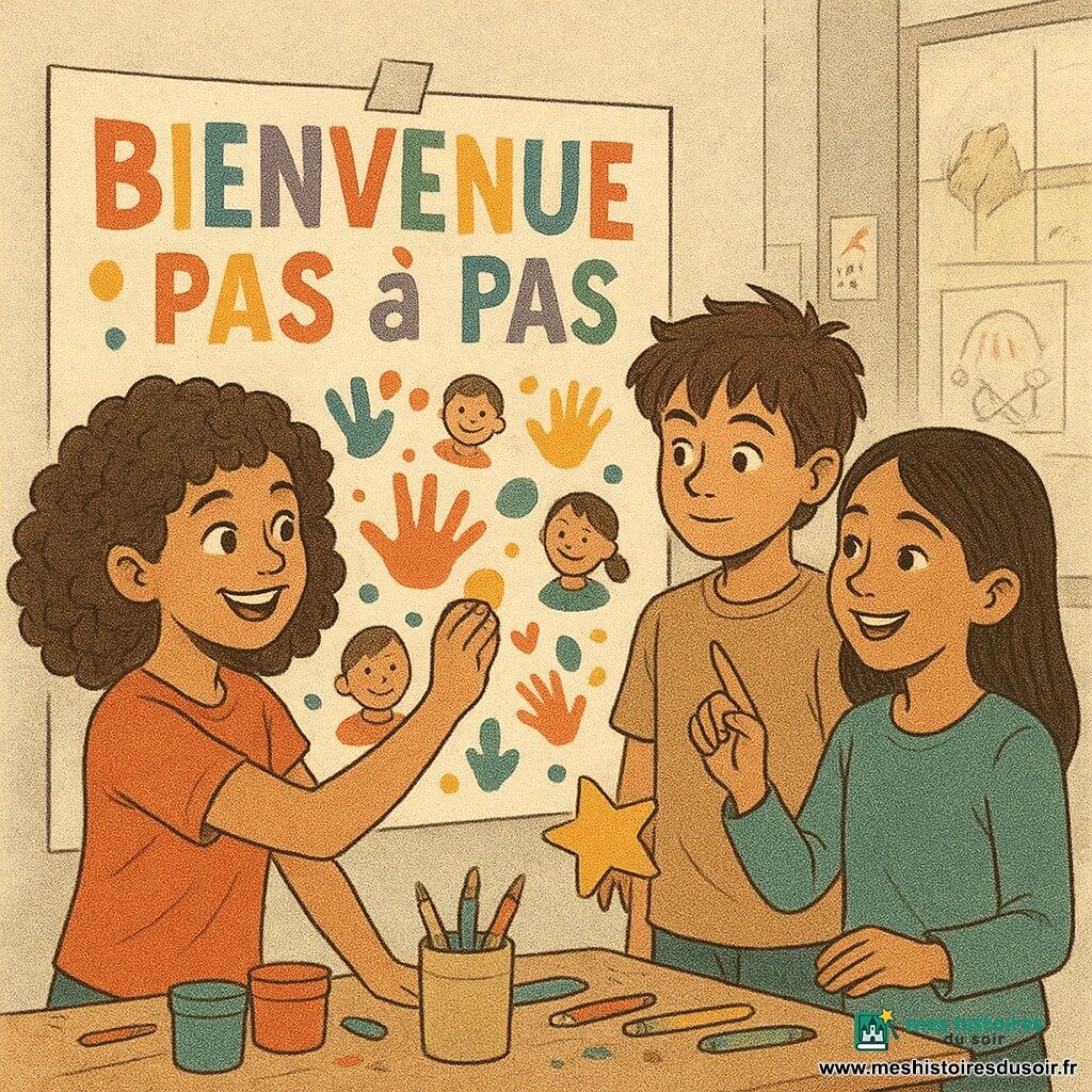 Lila, une fille de 10 ans avec des cheveux bruns bouclés et des yeux pétillants, sourit en collant des gommettes colorées sur une grande affiche. Elias, un garçon de 10 ans aux cheveux en bataille et à la peau légèrement bronzée, observe curieusement à côté d'elle, tenant une étoile en papier. Samira, une fille de 10 ans avec des cheveux noirs et des yeux chaleureux, rit doucement en montrant un geste amical à Lila, debout à sa gauche. La scène se déroule dans une salle de classe lumineuse, avec des murs couverts de dessins d'enfants et des tables remplies de pots de peinture et de crayons. L'affiche "Bienvenue pas à pas" est au centre, vibrant de couleurs vives et de petites illustrations de gestes amicaux.