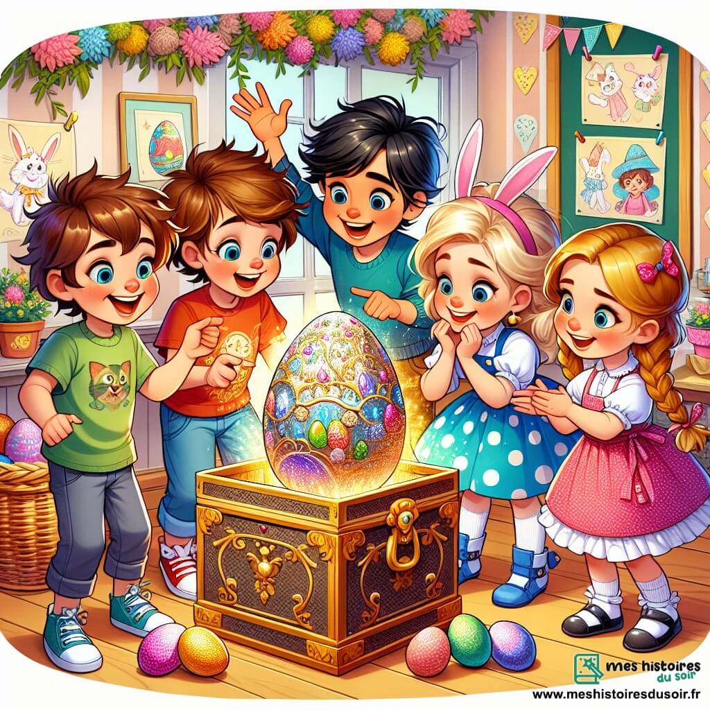 Dans une salle de classe colorée, cinq enfants se rassemblent autour d'une grande boîte décorée. Léo, 8 ans, est excité en montrant la boîte. Mia, 7 ans, regarde l'œuf magique avec émerveillement. Tom, 8 ans, tient un œuf en papier, tandis que Sara, 6 ans, s'approche de l'œuf brillant. Max, 7 ans, applaudit. La salle est décorée de Pâques avec des dessins d'œufs, des guirlandes de fleurs et des paniers en osier. La boîte, ornée de motifs de lapins, est ouverte, laissant échapper un œuf brillant et des petits œufs en chocolat qui tombent dans les paniers des enfants, tous émerveillés par cette surprise.