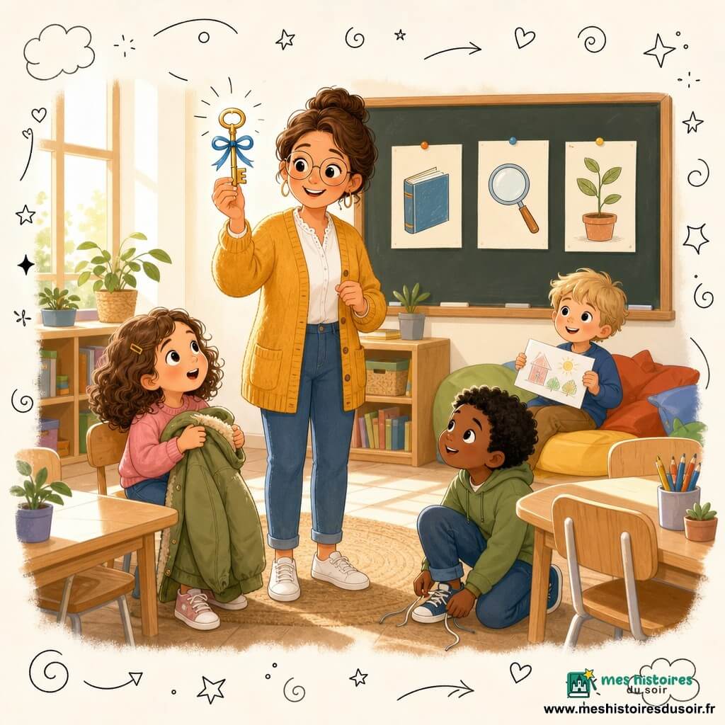 Une institutrice souriante aux lunettes fines et gilet miel tient une clé brillante avec un ruban bleu au centre de la classe, présentant une mission devant trois affiches de portes (livre, loupe, plante) ; une fillette de 7 ans aux cheveux bouclés châtain, émerveillée et tenant son manteau trop grand, est assise à gauche au premier rang, un garçon de 8 ans aux cheveux courts noirs et lacets défaits est accroupi à droite près d’une table, et un garçon de 6 ans blond montre un dessin dans le coin lecture ; la pièce lumineuse aux murs crème, grandes fenêtres, tables en bois clair en îles, coussins colorés et tableau noir crée une atmosphère chaleureuse et invitante ponctuée de petits doodles de notes, étoiles et oiseaux.