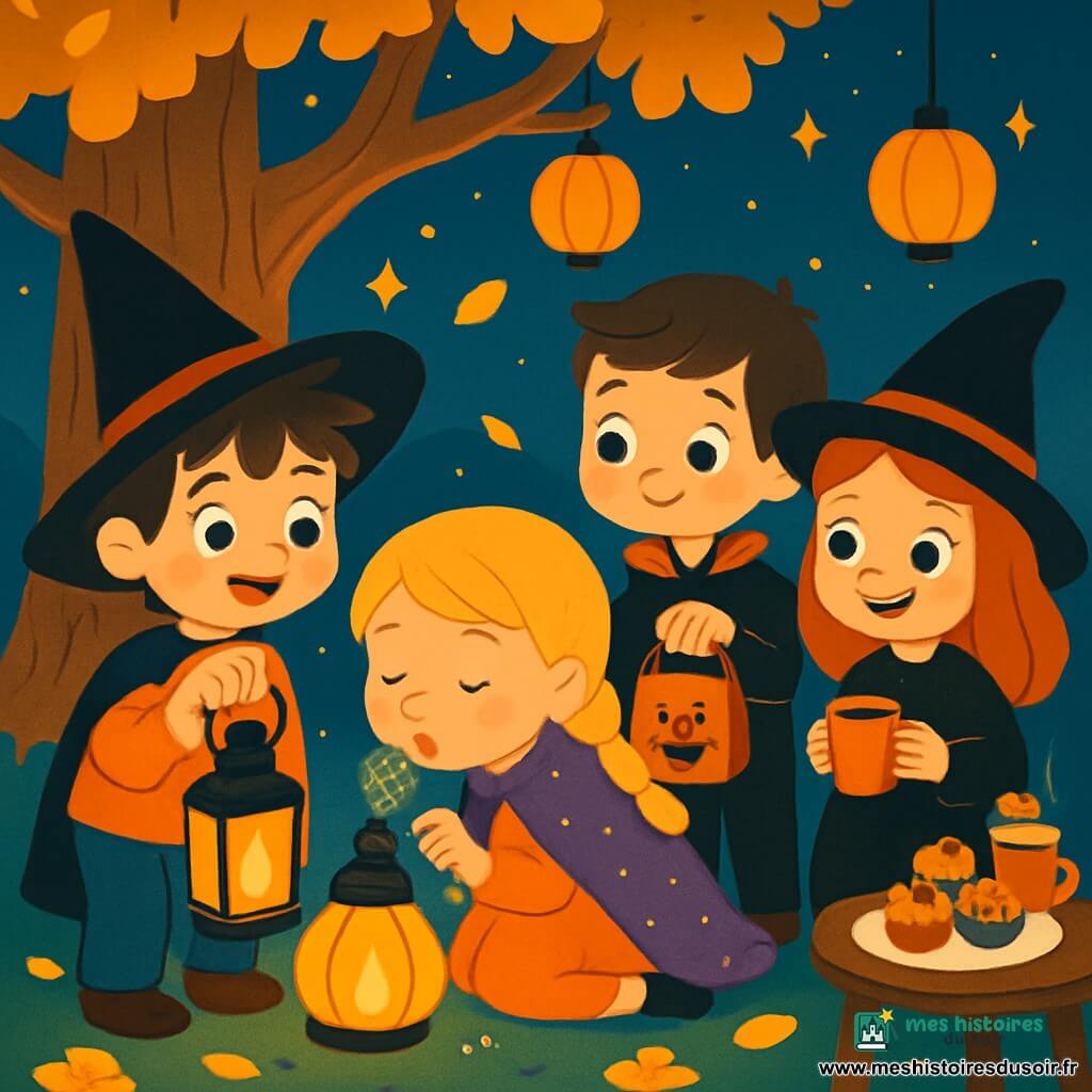 Quatre enfants sont réunis : Léo, un garçon de 5 ans aux cheveux bruns en bataille et grand chapeau pointu noir, tient une lanterne orange et regarde la lanterne cassée. Mia, une fille de 5 ans avec des cheveux blonds tressés et une cape scintillante, est accroupie à côté de lui, soufflant sur la lanterne. Un autre garçon, également âgé de 5 ans, avec des cheveux châtains et un costume de vampire, se tient à droite de Léo, curieux avec un sac de bonbons. Une fille de 5 ans, aux cheveux roux et en costume de sorcière, est debout à droite de Mia, souriant avec une tasse de chocolat chaud. Ils se trouvent dans une cour de jardin sous un grand chêne, éclairée par des lanternes orange et des étoiles dans le ciel nocturne, avec des feuilles dorées qui tombent. Les enfants travaillent ensemble pour réparer la lanterne cassée, créant une ambiance chaleureuse et amicale, pleine de magie d'Halloween.