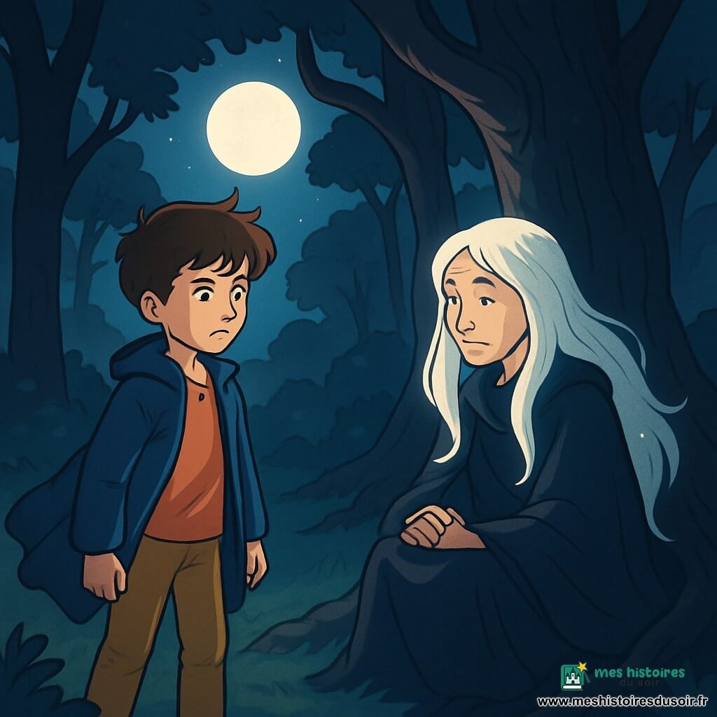 Un garçon de 12 ans, Antoine, se tient au centre d'une clairière, son visage curieux et déterminé. Il a des cheveux bruns en bataille et porte un manteau bleu foncé. Il observe une silhouette mystérieuse, l'esprit de la forêt, une femme éthérée d'environ 60 ans aux cheveux blancs brillants, qui le regarde avec douceur. La clairière est illuminée par la lune, entourée d'arbres sombres aux branches étendues vers le ciel. Antoine est prêt à écouter l'esprit, tandis que la brise fait frémir les feuilles, ajoutant au mystère de cette rencontre nocturne.