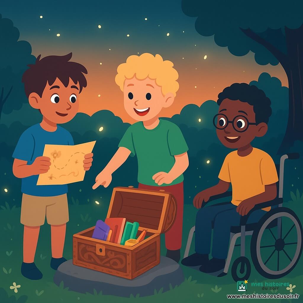 Dans une clairière enchantée, trois garçons découvrent un trésor. Léo, 10 ans, aux cheveux bruns, tient une carte au trésor. Sami, 9 ans, aux cheveux blonds, pointe une boîte en bois ouverte. Théo, 10 ans, en fauteuil roulant, observe avec émerveillement. La boîte révèle des carnets colorés, des crayons, une petite chaise en bois et une boîte à musique, tandis que des lucioles illuminent la scène.