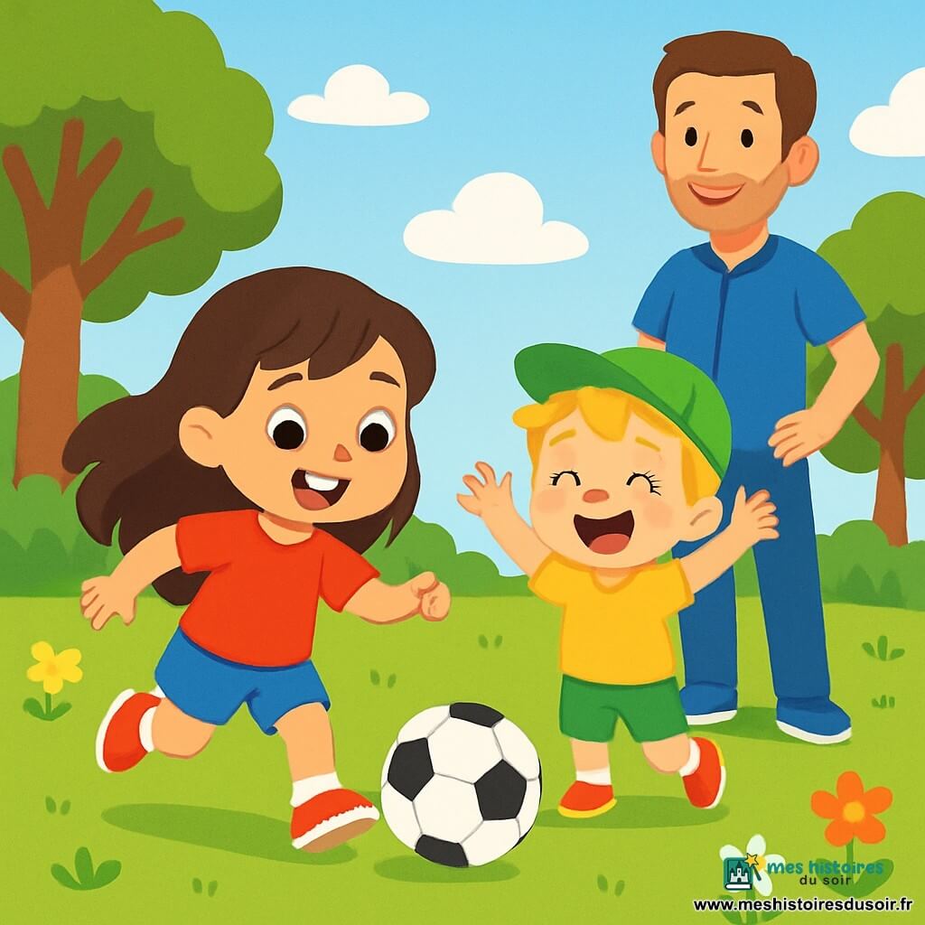 Une petite fille de 4 ans, avec de longs cheveux bruns et des yeux pétillants, porte un t-shirt rouge et un short bleu. Elle court avec enthousiasme pour frapper un ballon de football. À côté d'elle, Tom, un garçon de 4 ans aux cheveux blonds en bataille et casquette verte, l'encourage. Monsieur Paul, l'entraîneur souriant d'une trentaine d'années en tenue de sport bleue, les observe avec fierté. Le parc verdoyant est entouré d'arbres, d'un ciel bleu éclatant et de fleurs colorées. Léa frappe le ballon avec détermination, entourée de ses amis qui rient et s'encouragent, créant une atmosphère joyeuse.