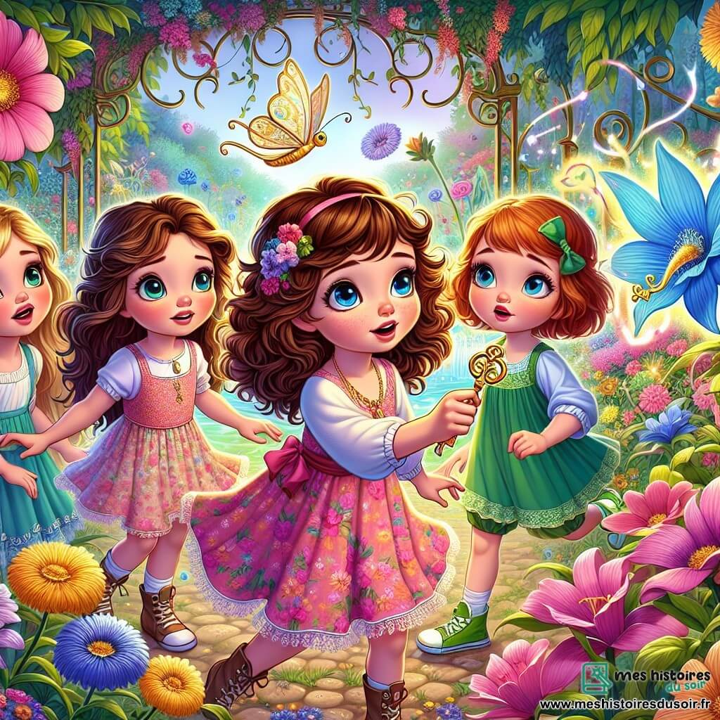 Quatre amies inséparables, Lila, Mia, Chloé et Zoé, se tiennent dans un jardin magique. Lila, aux cheveux bruns et bouclés, porte une robe rose et tient une clé dorée, les yeux brillants d'excitation. Mia, aux cheveux blonds, est en tunique bleue et sourit émerveillée. Chloé, aux cheveux roux et tressés, porte un short vert et pointe une fleur bleue chantante, curieuse. Zoé, aux cheveux châtains et frisés, est en robe jaune et s'approche de la fleur avec détermination. Le jardin enchanteur est rempli de fleurs colorées et de papillons, avec une grande porte en bois ornée de sculptures de créatures fantastiques, légèrement ouverte sur un monde magique. Les amies ont découvert une clé dorée qui pourrait ouvrir la porte vers des aventures extraordinaires, prêtes à affronter le Gardien des Secrets, un dragon aux écailles émeraude.