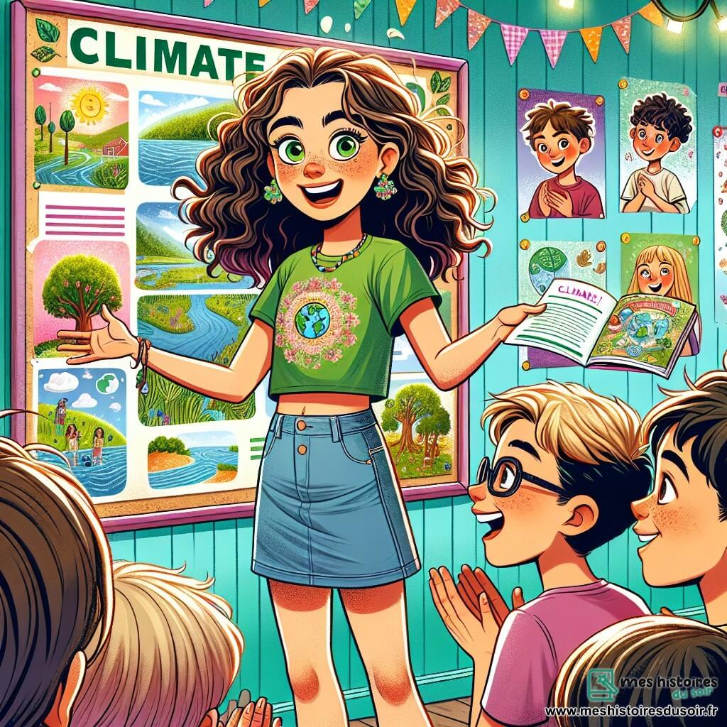 Une fille de 12 ans, Camille, aux cheveux bruns et bouclés, porte un t-shirt vert et un short en jean. Elle a un regard déterminé et joyeux, avec un grand sourire. Elle tient une affiche colorée sur le changement climatique, entourée de dessins d'arbres et de rivières. À ses côtés, son meilleur ami Paul, un garçon de 12 ans aux cheveux blonds et aux lunettes, tient une brochure et applaudit. Ils se trouvent dans une salle de classe décorée avec des affiches sur la protection de l'environnement, où des élèves écoutent leur présentation. Camille et Paul sensibilisent leurs camarades à l'importance de prendre soin de la planète, avec des expressions d'excitation et d'engagement.