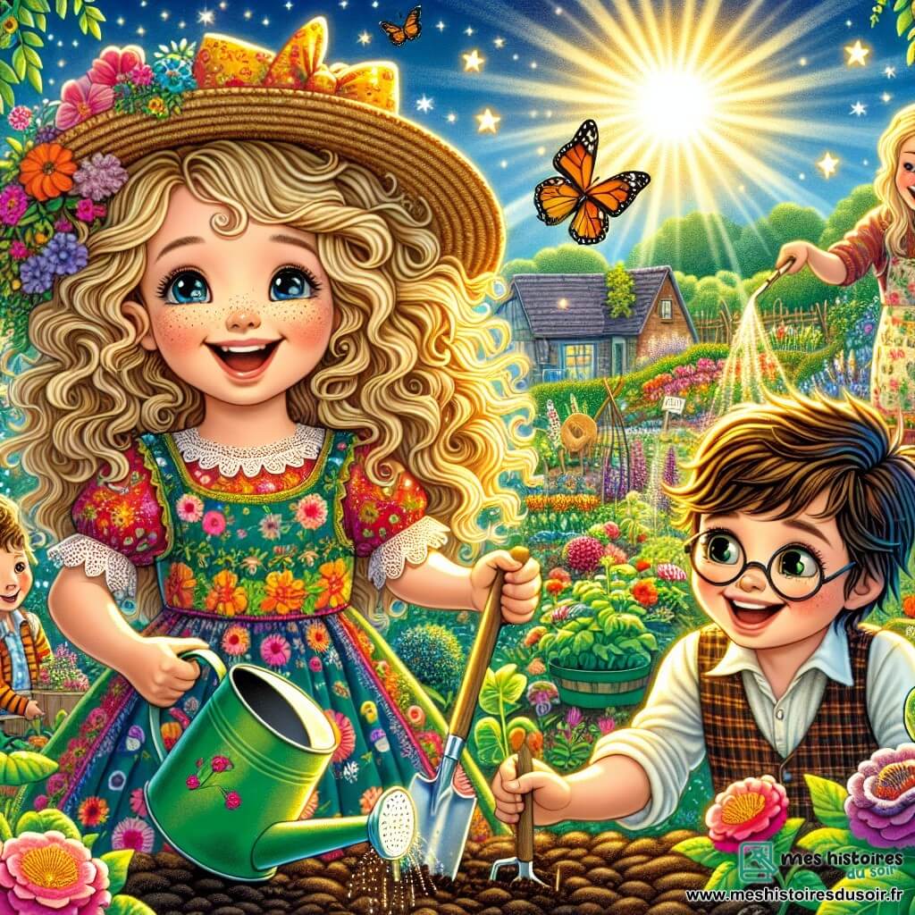 Une fillette de 7 ans, Emma, avec des cheveux bouclés et dorés, plante des graines dans son jardin magique. Elle porte une robe colorée et un chapeau de paille, son visage rayonnant d'excitation. À côté d'elle, son ami Lucas, également âgé de 7 ans, observe avec un arrosoir à la main, émerveillé par leur création. Sa maman, souriante, les encourage en tenant une pelle et un seau de compost. Le jardin est enchanteur, rempli de fleurs colorées, de légumes et de petits insectes. Emma et Lucas plantent des graines avec soin, entourés de la beauté de la nature et partageant des rires.