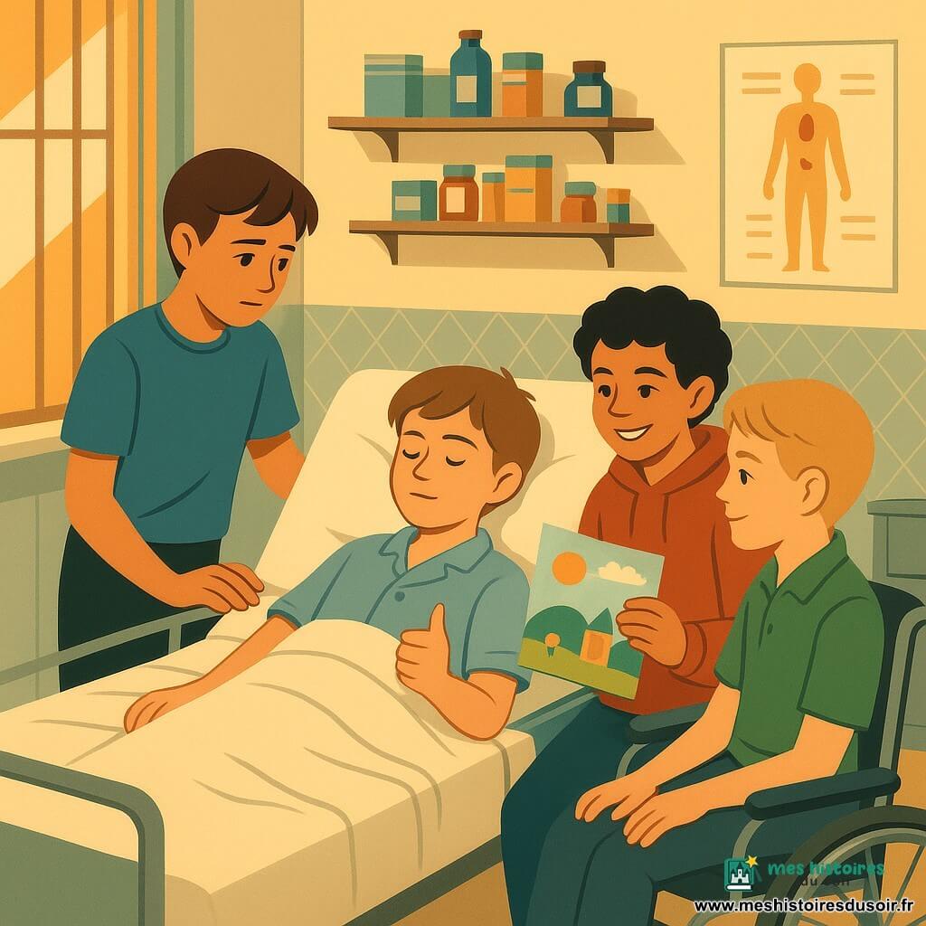 Quatre garçons entourent Léo malade dans l’infirmerie scolaire lumineuse : Yanis (~12 ans), cheveux bruns courts, T-shirt bleu, debout à gauche du lit la main sur l’épaule de Léo, regard inquiet mais calme ; Sami (~11 ans), cheveux bouclés noirs, sweat rouge, assis à droite du lit en tenant un dessin coloré, sourire malicieux ; Léo (~12 ans), cheveux châtains, pâle, en pyjama allongé au centre, couverture jusqu’à la taille, petite perfusion/thermomètre à côté, yeux mi-clos et pouce levé faiblement ; Tom (~12 ans), cheveux blonds courts, polo vert, en fauteuil roulant gris au pied du lit, air empathique et protecteur. L’infirmerie a des murs crème et carreaux mint, grande fenêtre avec rideau à rayures, armoire métallique, étagères avec boîtes et flacons, affiches pédagogiques, sol en lino beige et petite table roulante avec instruments visibles ; ambiance chaleureuse et rassurante, lumière dorée filtrant par la fenêtre, expressions attentionnées et gestes de soutien, palette pastel ponctuée de touches vives, composition centrée sur le lit, plans serrés, style art déco aux formes épurées et contours nets.