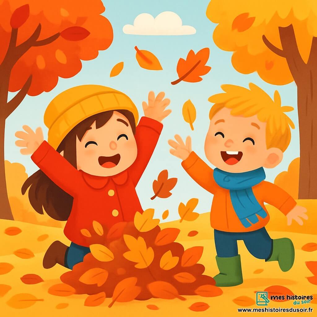 Il y a 2 personnages principaux : Léa, une petite fille de 6 ans aux longs cheveux bruns et aux yeux pétillants, portant un manteau rouge et un bonnet jaune, qui saute joyeusement dans un tas de feuilles, et Tom, un petit garçon de 5 ans avec des cheveux blonds en bataille et un sourire éclatant, vêtu d'une écharpe bleue et de bottes vertes, riant à ses côtés en lançant des feuilles en l'air. L'action se déroule dans un parc d'automne avec des arbres aux feuilles rouges, oranges et jaunes, et un sol recouvert de feuilles croustillantes, sous un ciel gris clair. Léa et Tom jouent ensemble, riant alors que les feuilles volent autour d'eux.