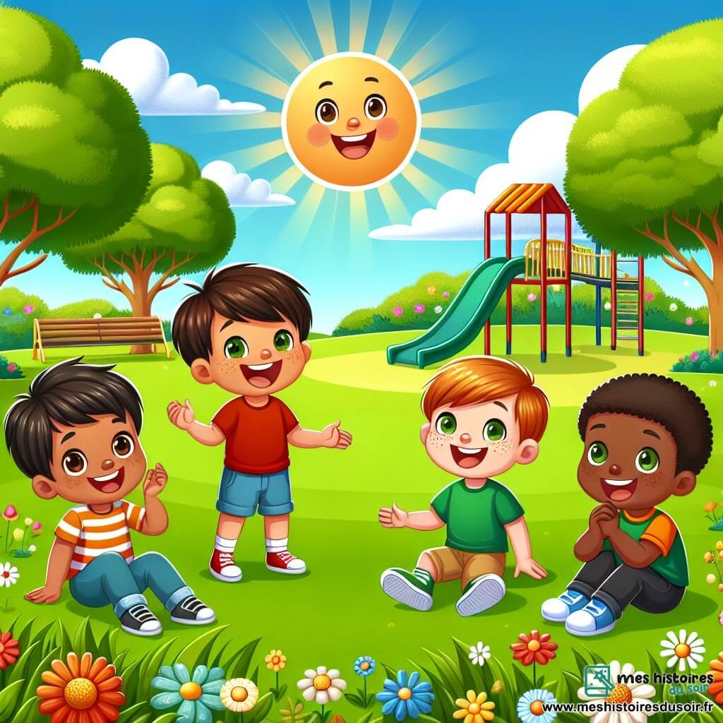 Quatre garçons jouent ensemble dans un parc verdoyant. Léo, 8 ans, montre à Sami, également 8 ans, comment faire une roue. Max, 7 ans, applaudit assis sur l'herbe, tandis que Tom, 9 ans, danse à côté de Léo. Sami, d'origine arabe, danse joyeusement. Le parc est rempli de fleurs et d'arbres, avec un ciel bleu et un soleil brillant. Les garçons, main dans la main, forment une ronde, célébrant leur amitié et la tolérance.