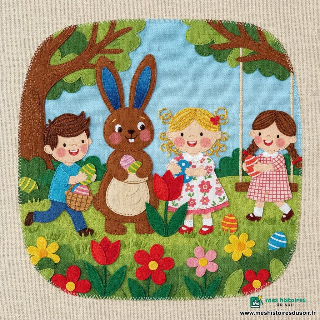 Une joyeuse chasse aux œufs en tissu : une fillette de 4 ans aux boucles dorées cache un œuf bleu à pois sous une tulipe rouge en feutrine, un grand lapin de Pâques chocolat aux oreilles doublées de velours bleu tient un sac beige rempli d’œufs colorés près d’elle, un garçon d’environ 6 ans aux cheveux bruns en laine court avec un panier en osier brodé et un œuf vert rayé, une petite fille d’environ 5 ans aux couettes tressées et robe à carreaux montre un œuf à pois près d’une balançoire en bois cousue, le tout dans un jardin fait de tissus superposés — pelouse en feutre, fleurs découpées, vieux chêne brodé et ciel en coton — avec textures de couture et petits points de broderie visibles.
