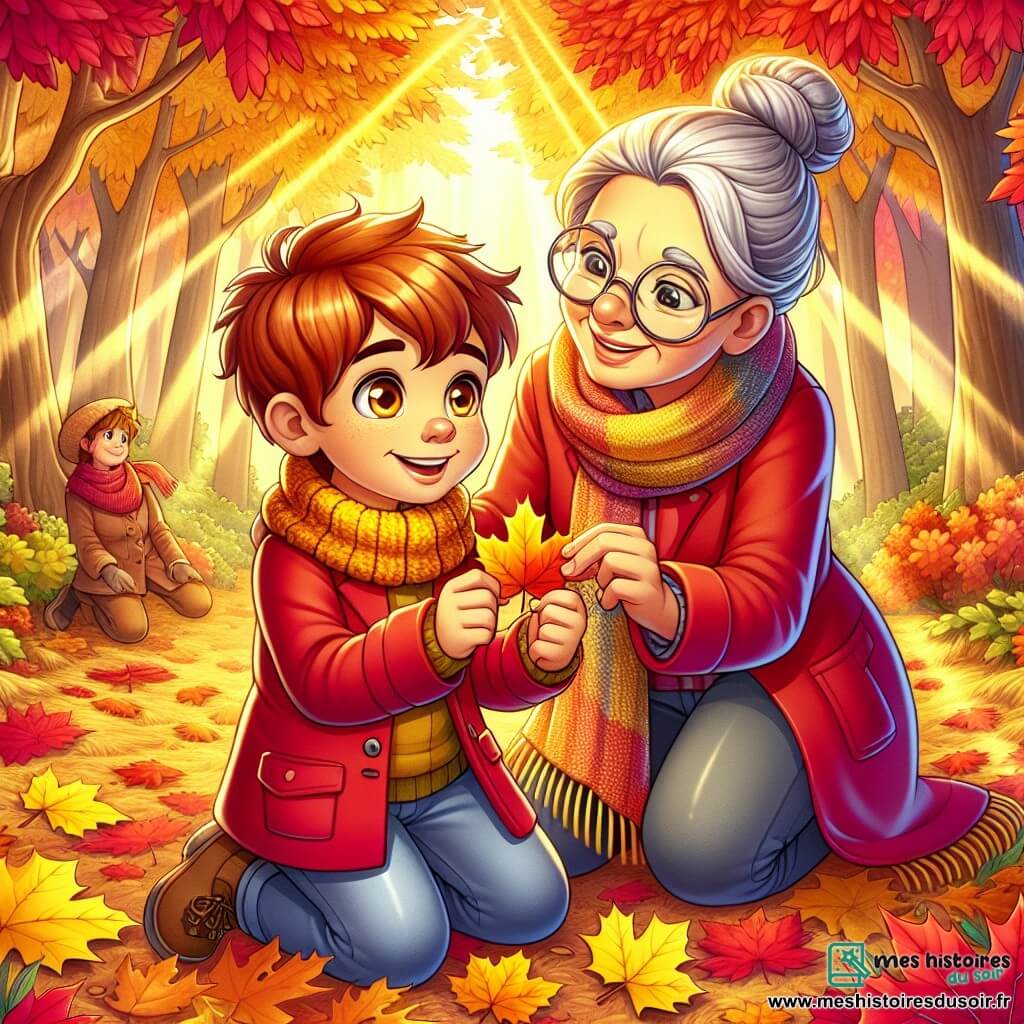 Un garçon de 10 ans, Malo, aux cheveux châtains et aux yeux curieux, est accroupi sur un tapis de feuilles d'automne. Il porte un manteau rouge et une écharpe jaune, souriant en tenant une feuille d'érable dorée. À ses côtés, sa grand-mère Mamie Jeanne, une femme âgée aux cheveux gris en chignon et lunettes rondes, lui montre une couronne de feuilles qu'elle a fabriquée. Le décor est une forêt enchantée avec des arbres aux couleurs chaudes et un sol tapissé de feuilles mortes, où des rayons de soleil filtrent à travers les branches. Malo et Mamie Jeanne partagent un moment joyeux, explorant ensemble les trésors de la nature en automne.