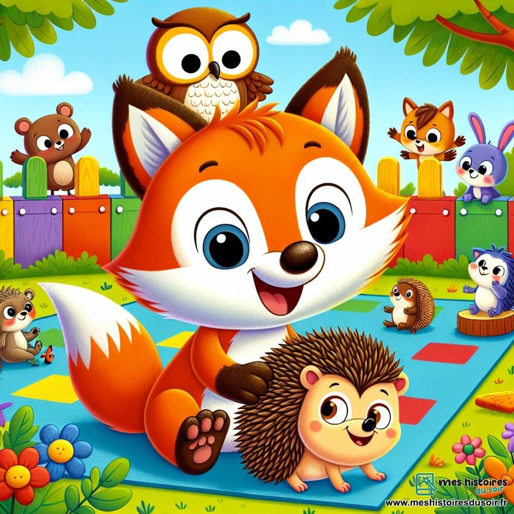 Un renard nommé Félix, au pelage orange et à la queue touffue, sourit en tenant la patte d'un hérisson nommé Hugo, qui a un dos piquant et des yeux timides. Ils sont sur un terrain de jeu coloré, entouré d'arbres et de fleurs, où d'autres animaux jouent. Une chouette sage, assise sur une branche, les observe avec bienveillance. Félix et Hugo s'apprêtent à jouer à cache-cache, encouragés par leurs amis.