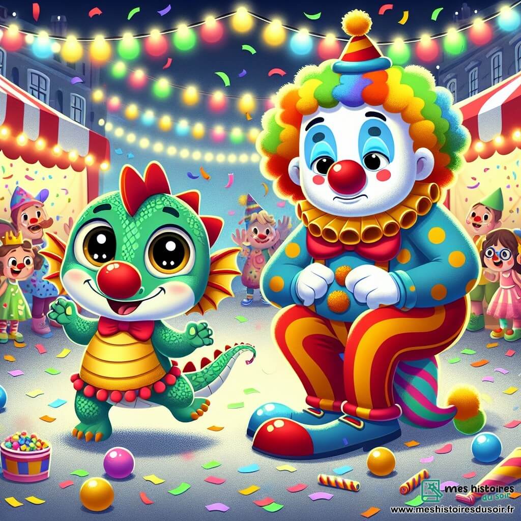 Un petit dragon nommé Pipo, avec des écailles vertes et un grand sourire, porte un costume de clown coloré et danse joyeusement dans une rue animée, entouré de confettis. À côté de lui, un clown géant, triste, cherche son nez perdu, accroupi avec espoir. La rue festive est décorée de guirlandes lumineuses et de ballons, avec des enfants riant et jouant en costumes colorés. Pipo cherche le nez rouge du clown géant, encouragé par les autres enfants.