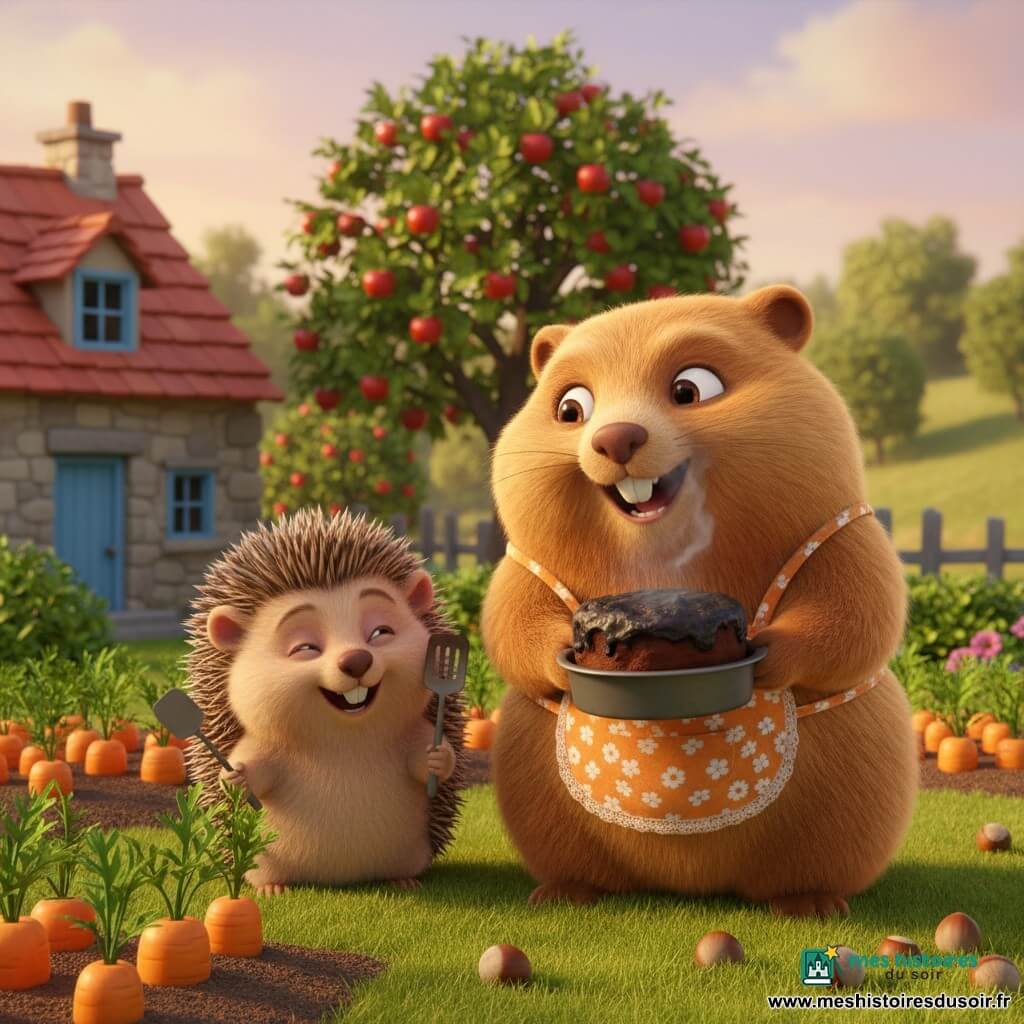 Margot, une marmotte ronde et duveteuse au pelage brun clair et aux joues rosées, sourit en tenant d'une patte un moule à gâteau fumant ; elle porte un petit tablier à fleurs orange. Henri, un petit hérisson aux piquants doux et à l'air taquin, rit en tenant une spatule et se tient légèrement en arrière à gauche. Autour d'eux, un jardin de campagne coloré avec des rangées de carottes, un pommier bas, des noisettes tombées et une petite maison de pierre à fenêtre bleue baigné par la chaude lumière d'une fin d'après-midi ; le gâteau est tout noirci dans le moule, une fumée légère s'élève, ambiance joyeuse, couleurs vives et textures douces, composition centrée et lisible pour un jeune enfant.